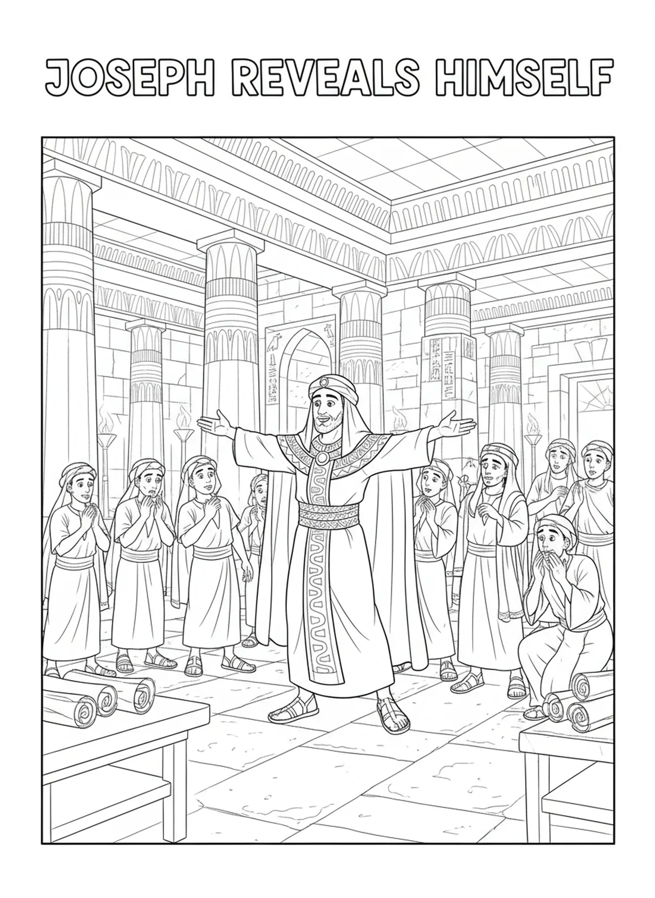 Joseph révélant son identité, page à colorier Joseph et ses frères pour les enfants de l'École du dimanche âgés de 5 à 12 ans.