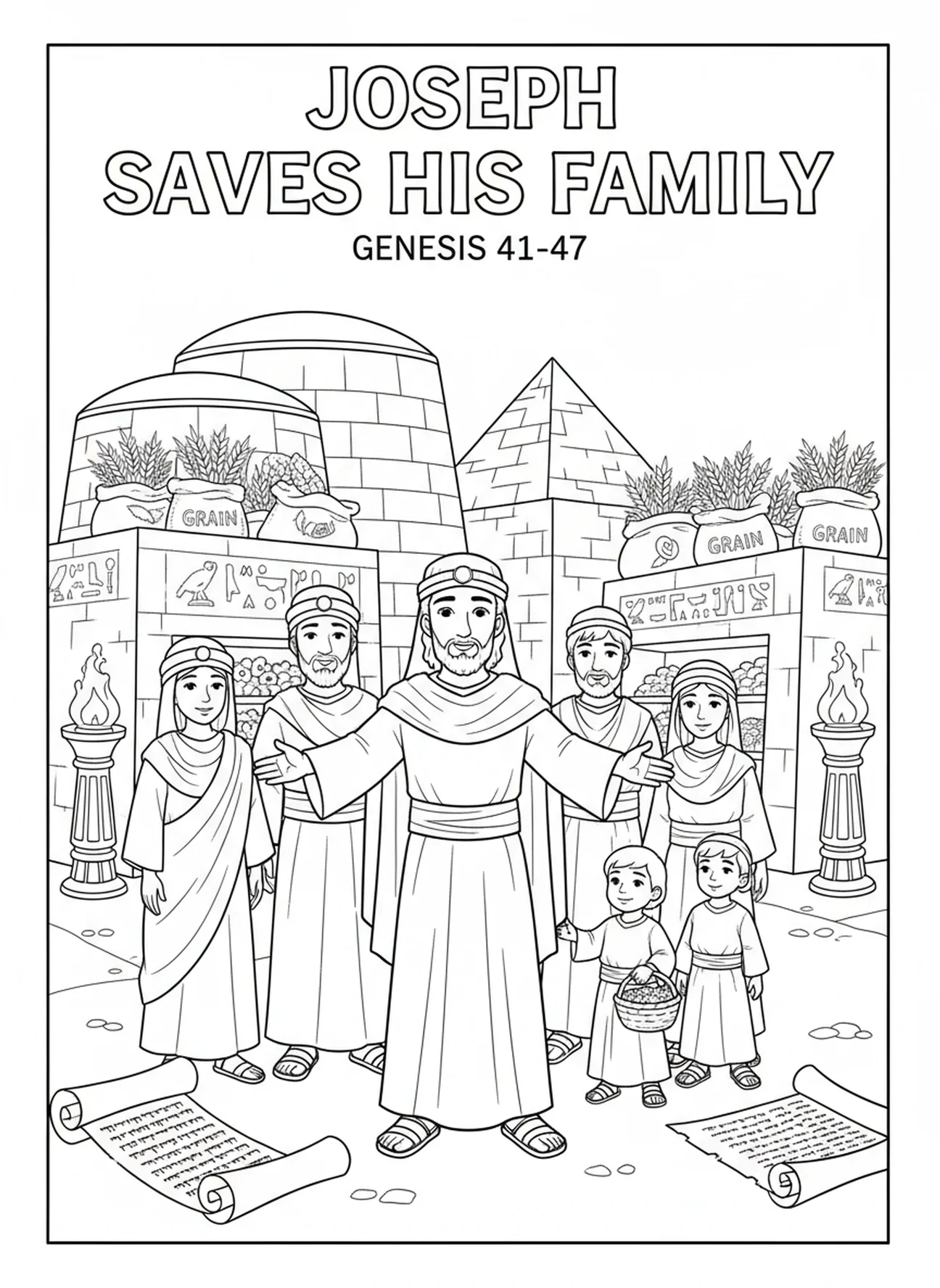 Joseph protégeant sa famille, page à colorier Joseph et ses frères pour les enfants de l'École du dimanche âgés de 5 à 12 ans.
