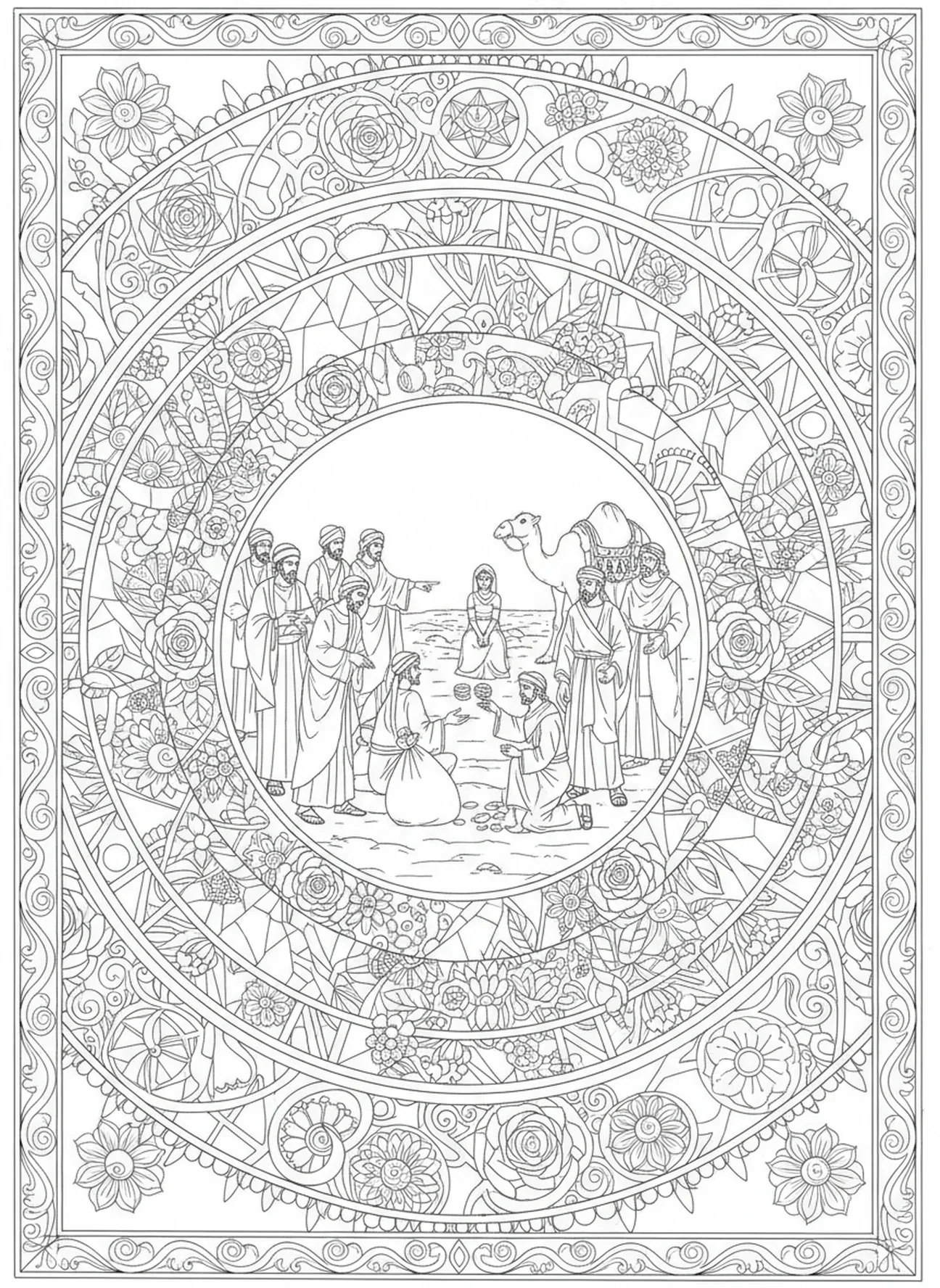 Hermanos negociando, página para colorear de los hermanos de José vendiendo a José en estilo de journaling bíblico para adultos.
