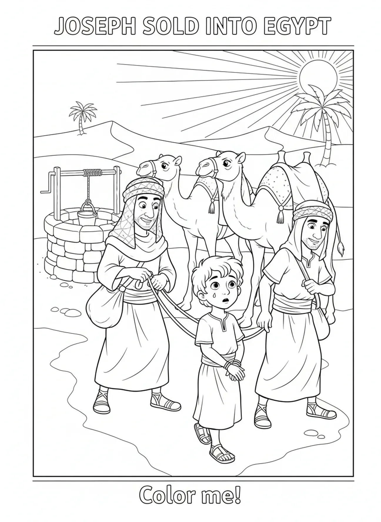 Händler gehen mit dem überraschten Joseph weg, Josephs Brüder verkaufen Joseph Malvorlage für Kinder im Alter von 5-10 Jahren.