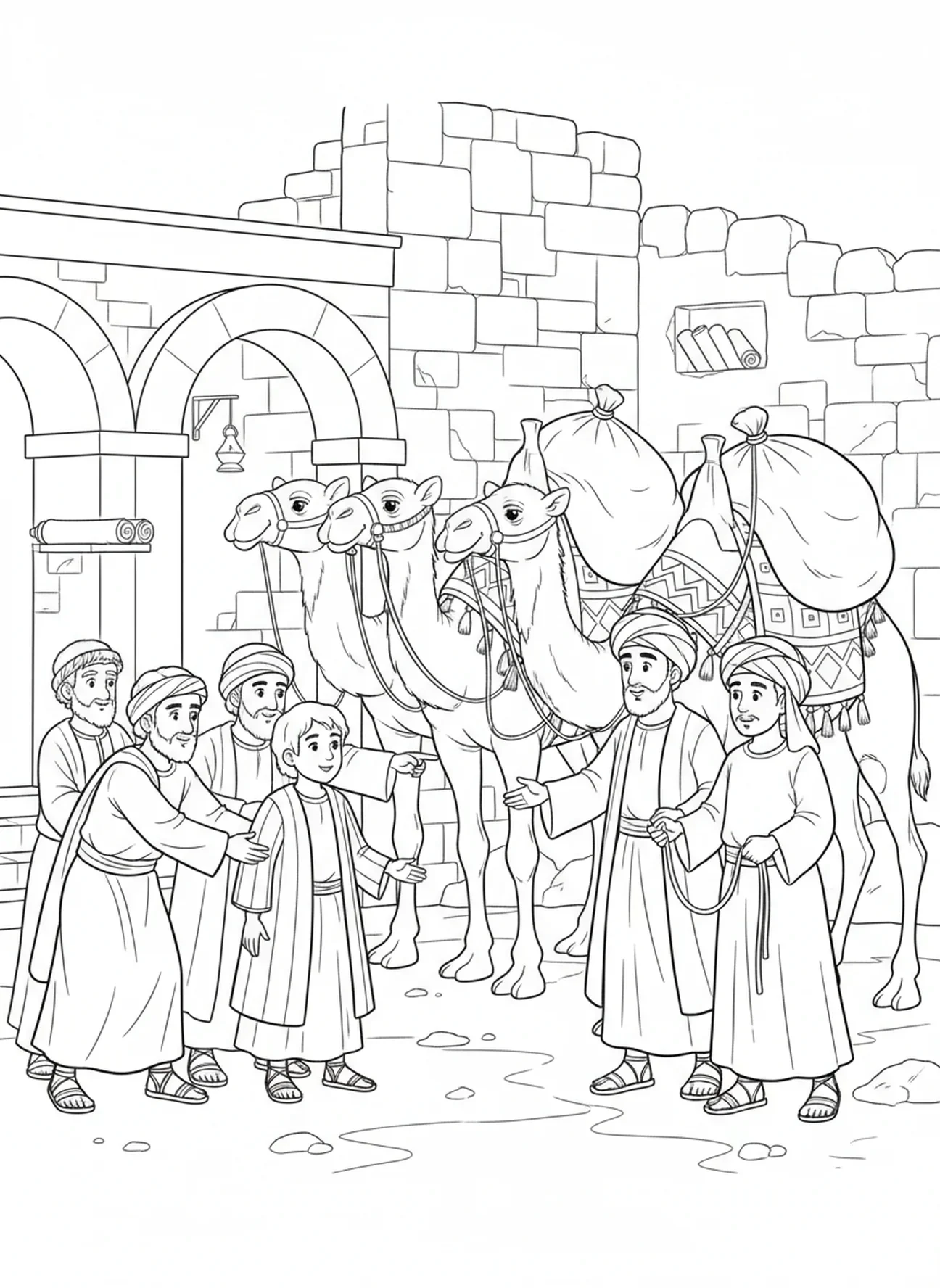 Die Brüder übergeben Joseph, Joseph Brüder verkaufen Joseph Malvorlage für Sonntagsschulkinder im Alter von 5-12 Jahren.