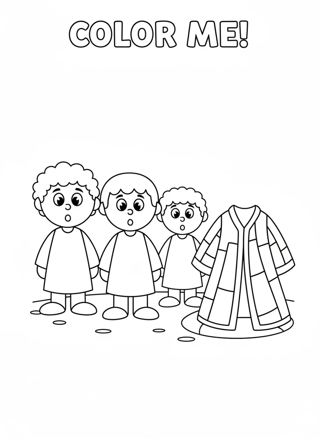 Três irmãos sorridentes, página para colorir do Casaco de Muitas Cores de José para crianças de 3 a 5 anos.