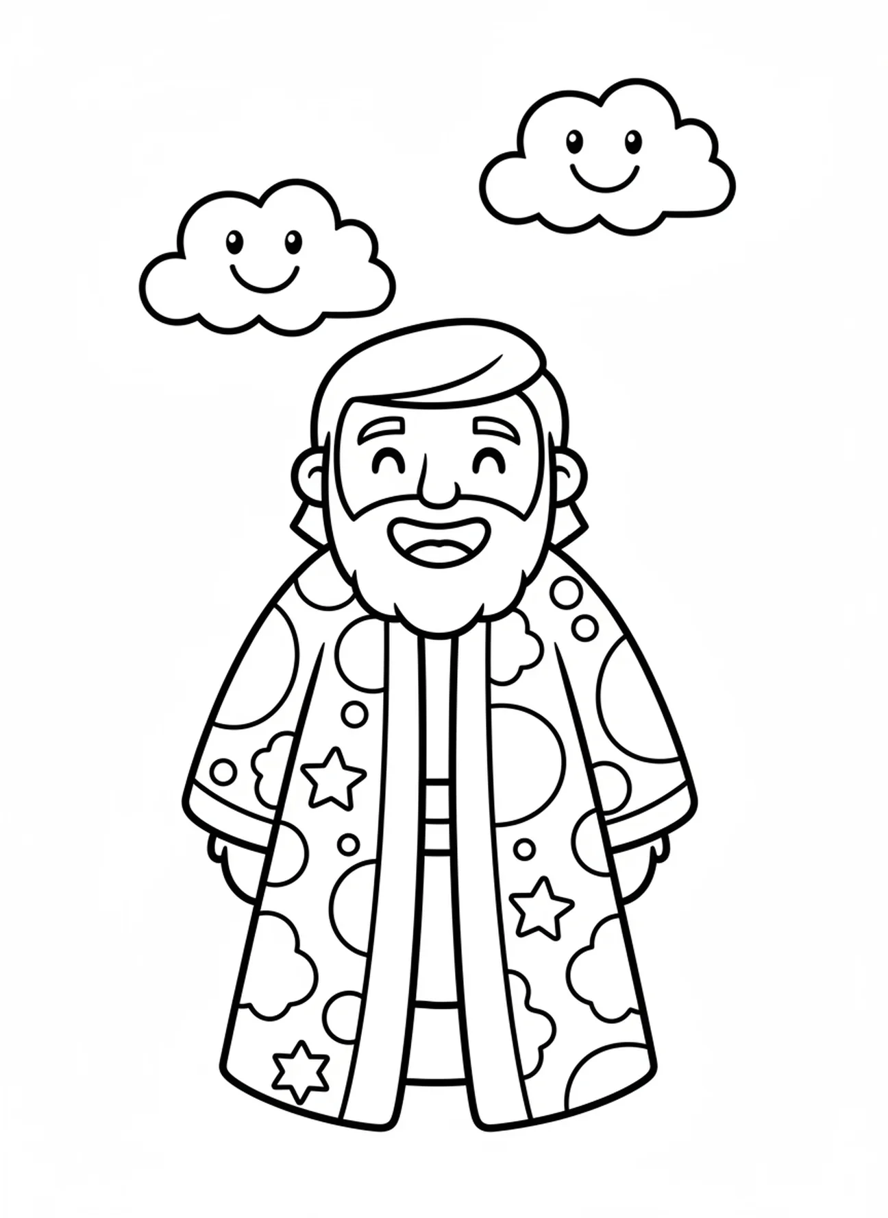 José sorridente, página para colorir do Casaco Colorido de José para crianças de 3 a 5 anos.