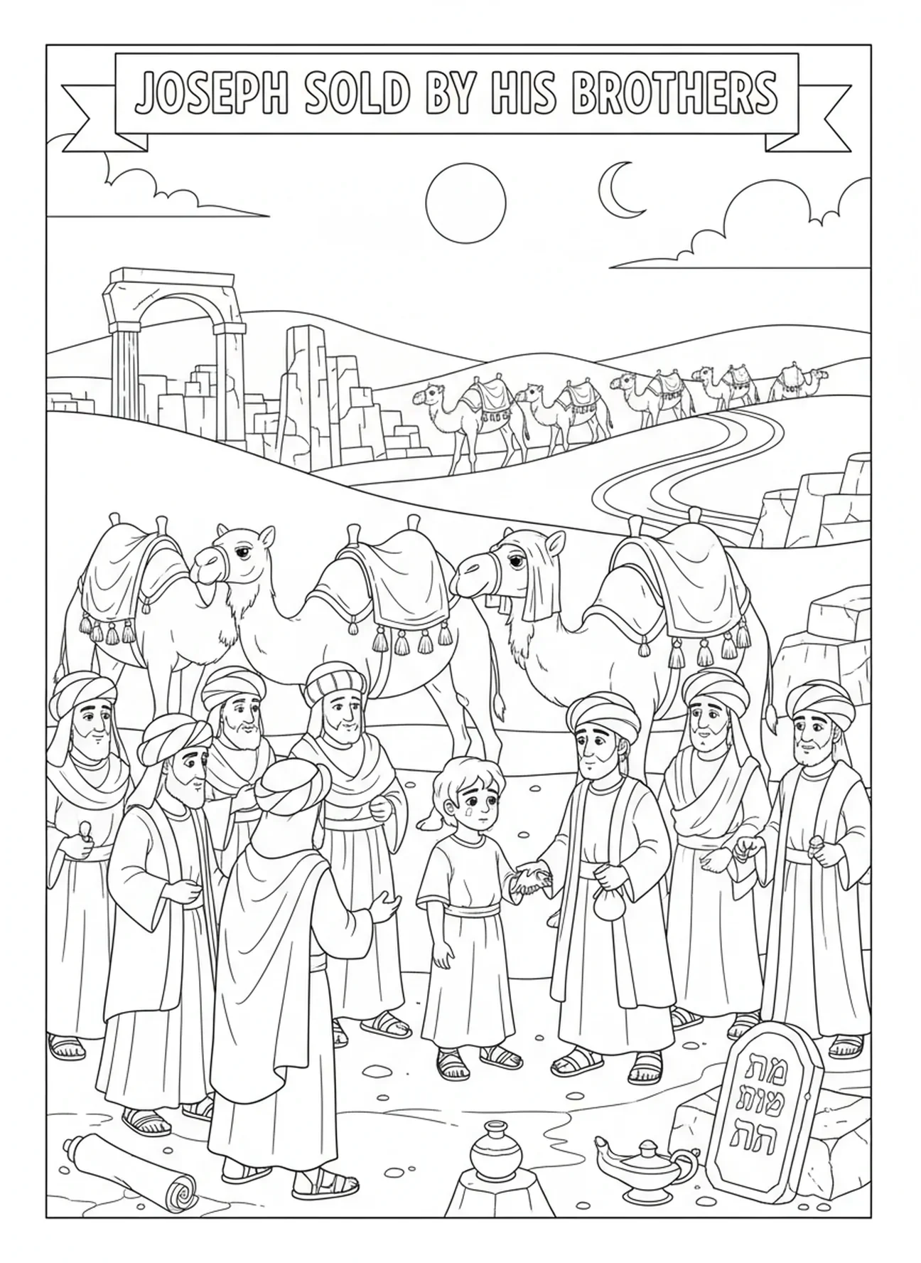 Joseph vendu à des marchands, page à colorier Joseph et son manteau de plusieurs couleurs pour les enfants de l'École du dimanche âgés de 5 à 12 ans