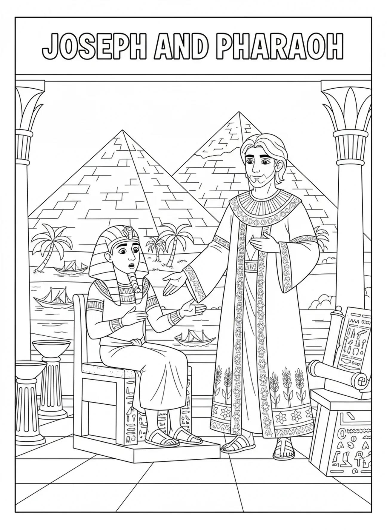 Joseph devant Pharaon, page à colorier sur le manteau multicolore de Joseph pour les enfants de l'École du dimanche âgés de 5 à 12 ans