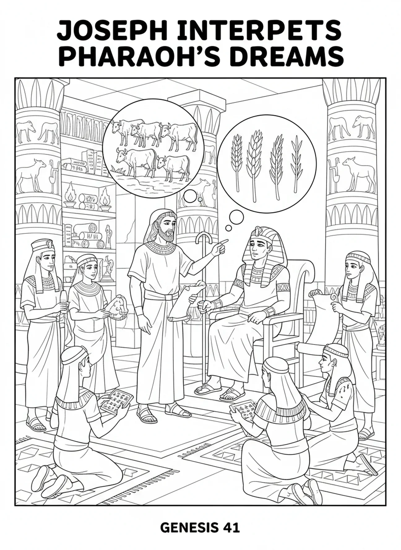 Joseph interprète les rêves pour le Pharaon, page à colorier Joseph et sa tunique multicolore pour les enfants de l'École du dimanche âgés de 5 à 12 ans