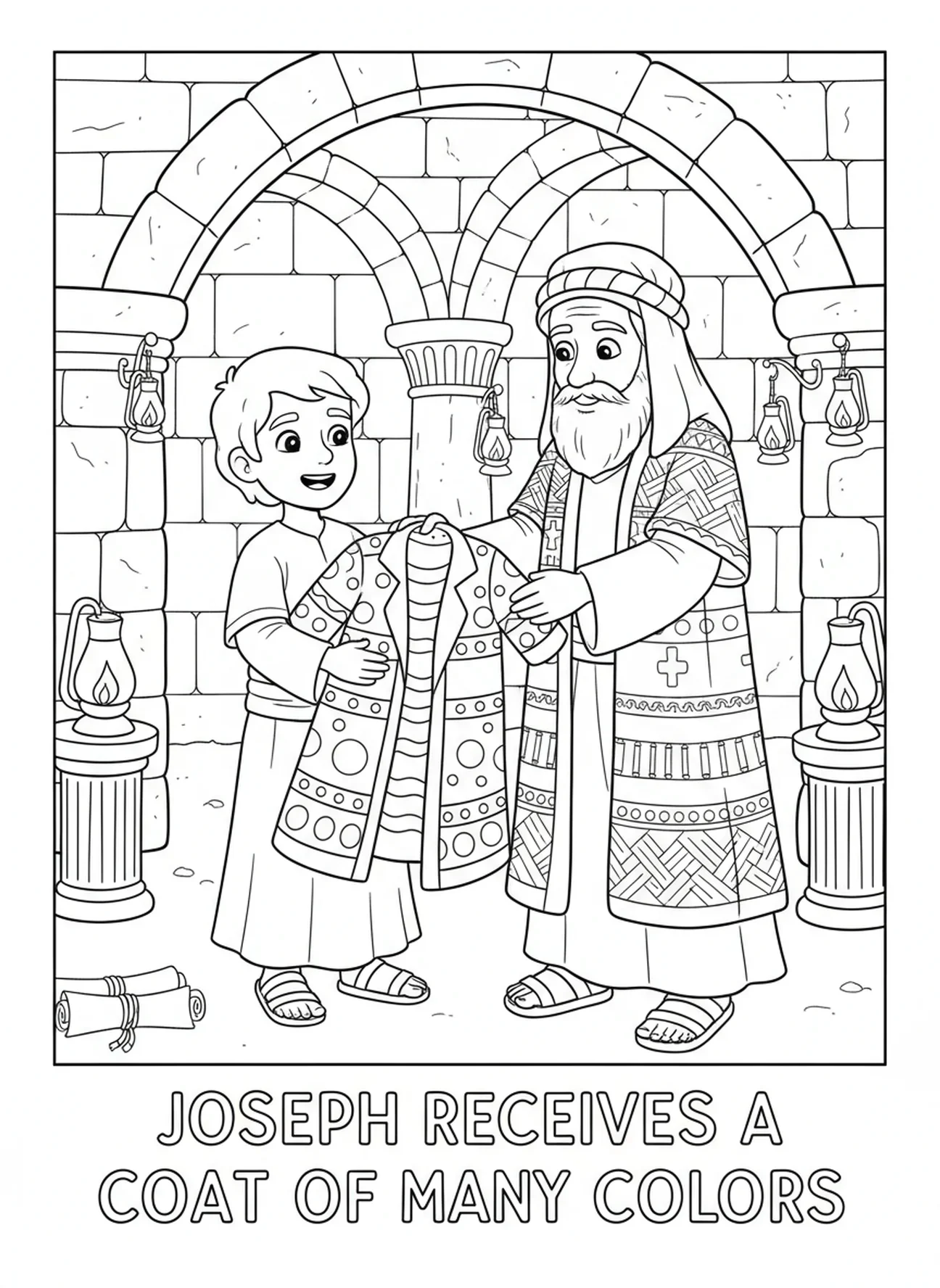Joseph recevant le manteau de Jacob, page à colorier Joseph et son manteau multicolore pour les enfants de l'École du dimanche âgés de 5 à 12 ans