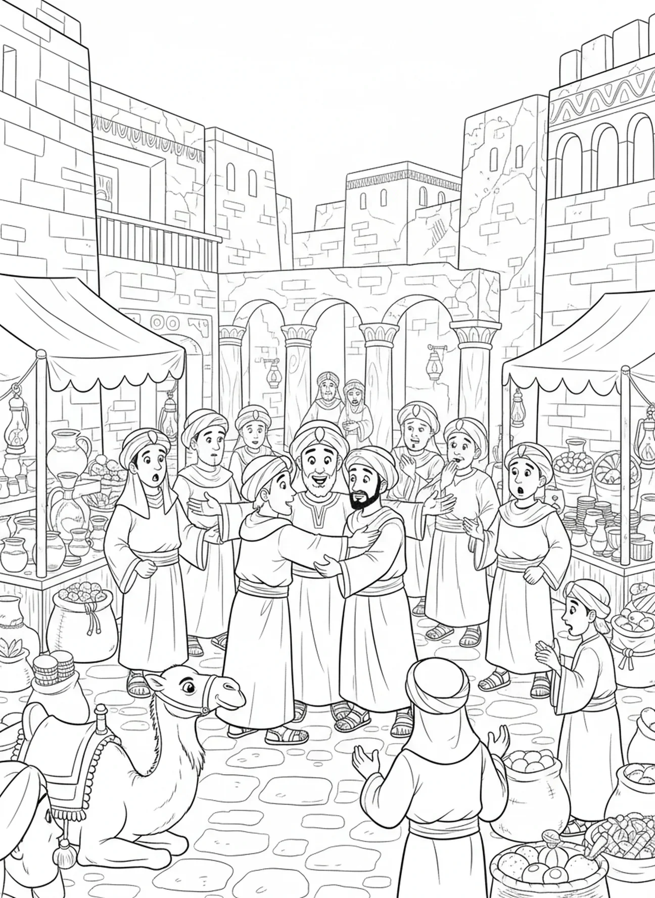 Joseph retrouvant joyeusement ses frères, page à colorier Joseph et sa tunique multicolore pour les enfants de l'École du dimanche âgés de 5 à 12 ans