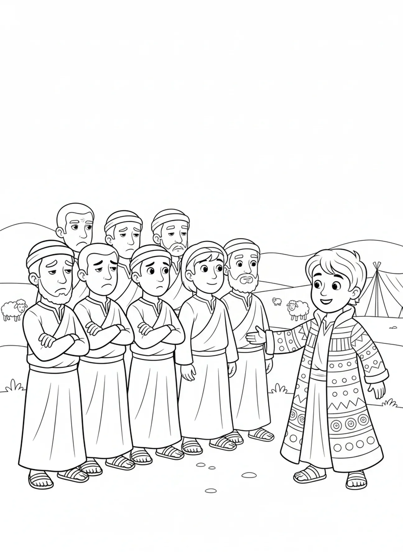 Los hermanos de José luciendo celosos, página para colorear del Abrigo de Muchos Colores para niños de 5 a 10 años.