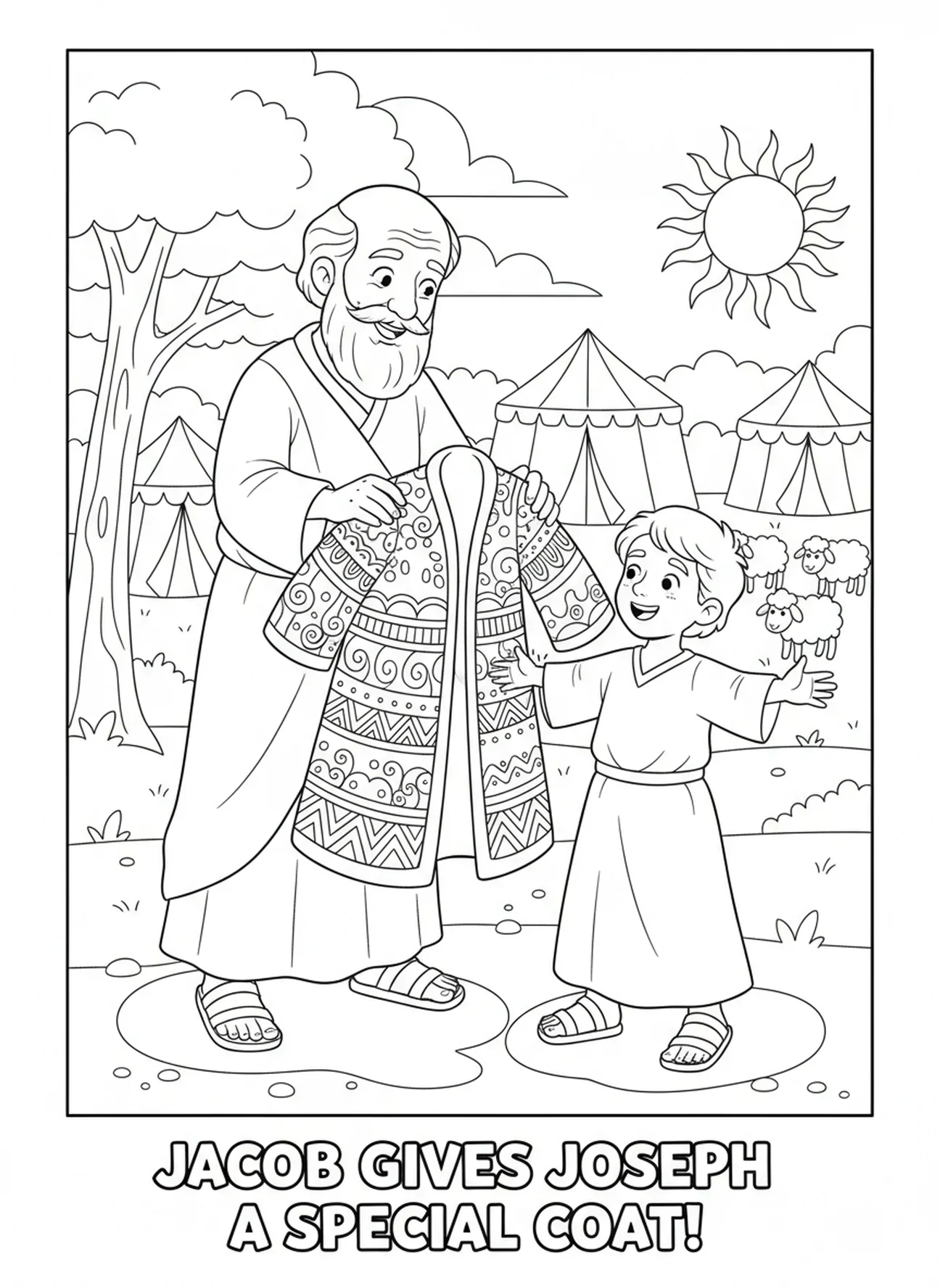 Jacob presentando a José su abrigo colorido, página para colorear de José el de los sueños para niños de 5 a 10 años.