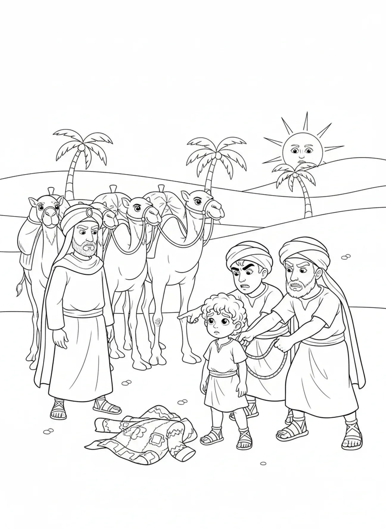 José siendo vendido por sus hermanos, página para colorear del abrigo de muchos colores para niños de 5 a 10 años.