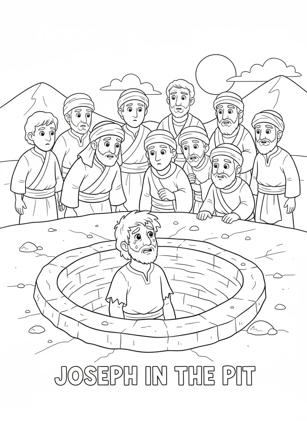 Joseph dans une fosse, page à colorier Joseph et ses rêves pour les enfants de 5 à 10 ans