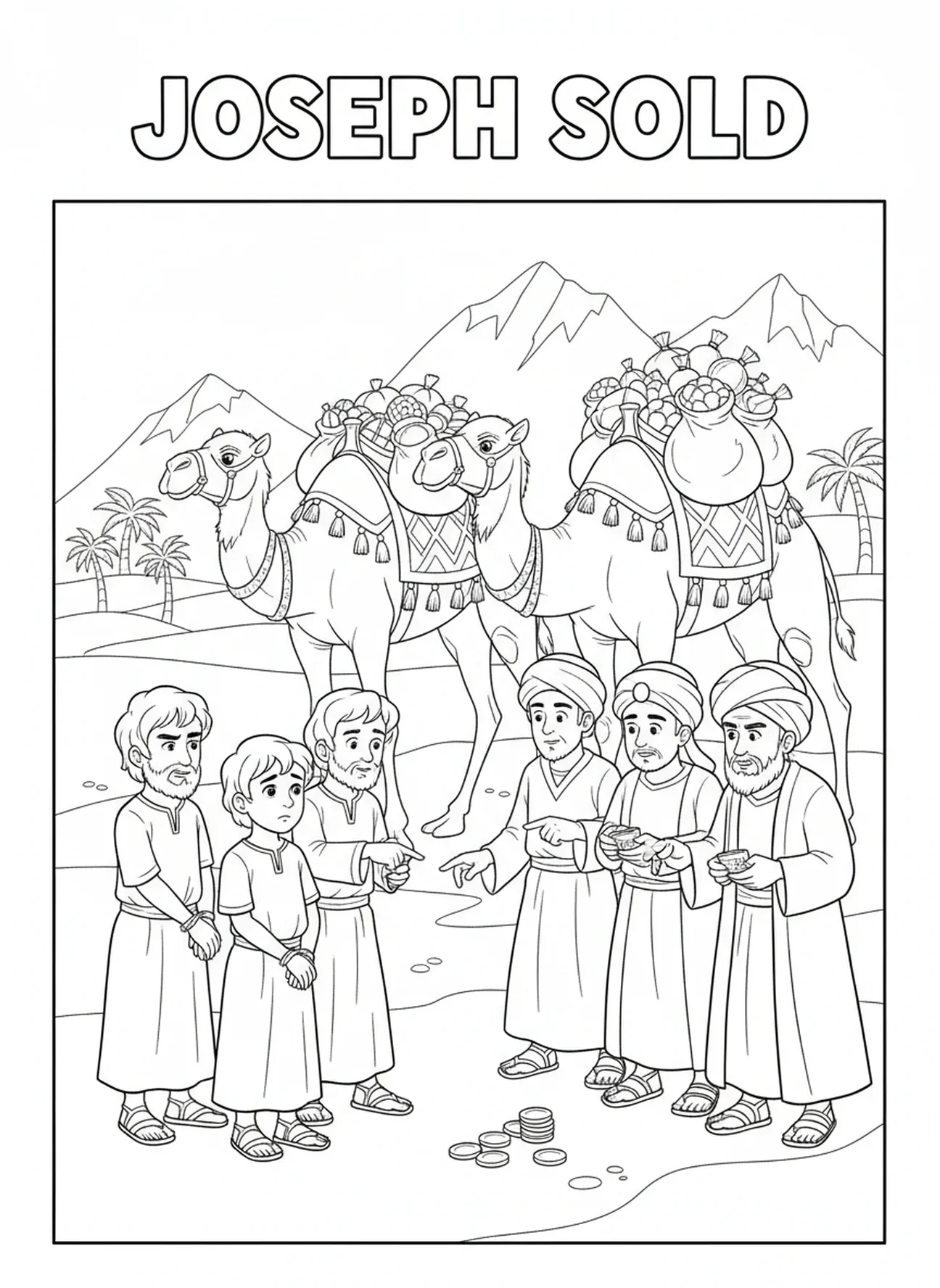 Joseph vendu par ses frères, page à colorier Joseph et ses rêves pour enfants de 5 à 10 ans