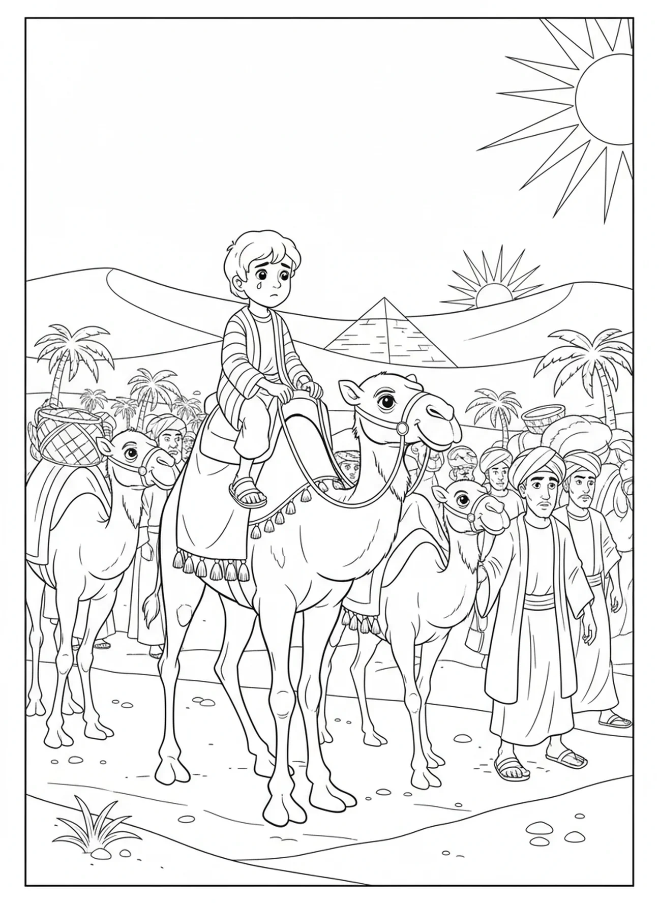 Joseph voyageant avec des marchands, page à colorier Joseph et les rêves pour les enfants de 5 à 10 ans