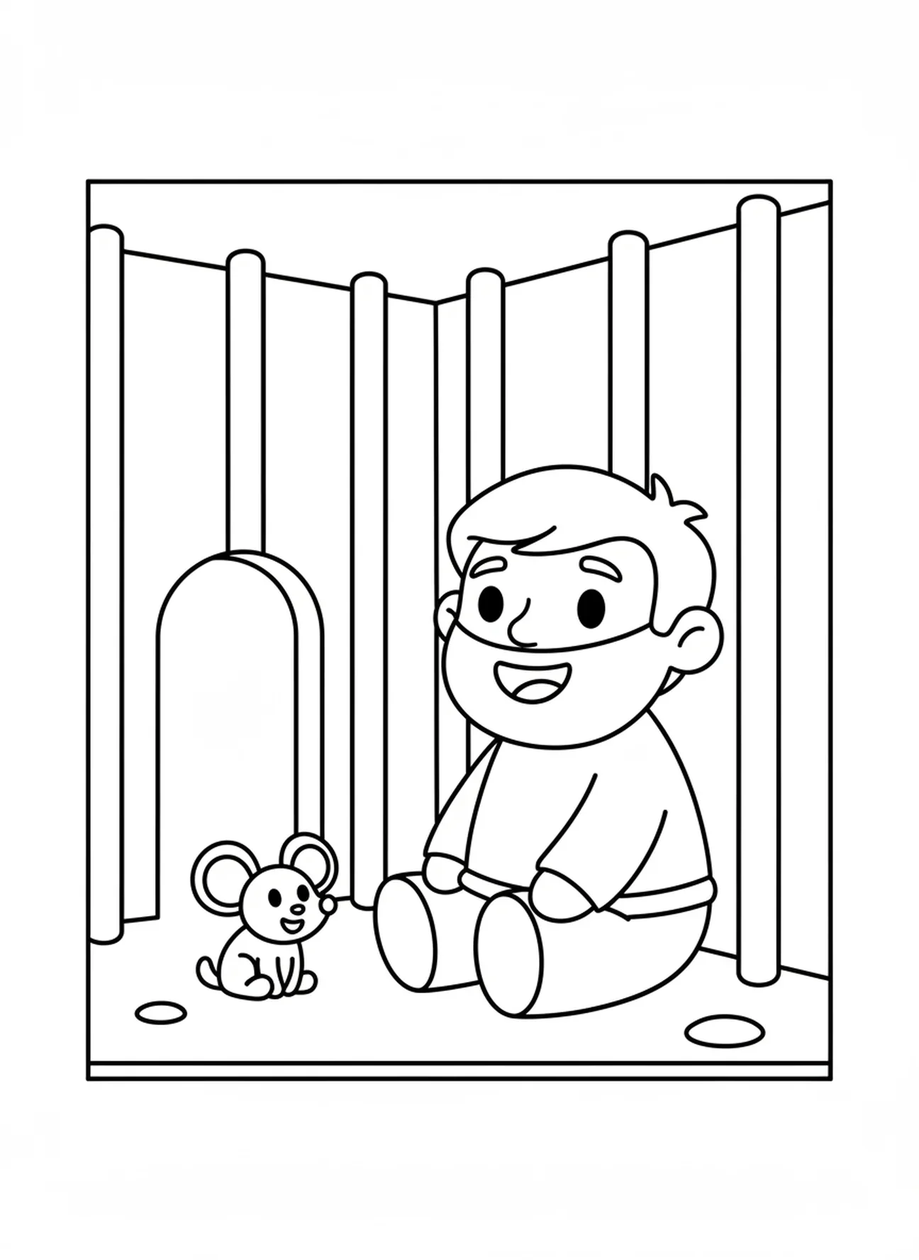 José sonriente en una celda, página para colorear de los sueños de José para niños de 3 a 5 años