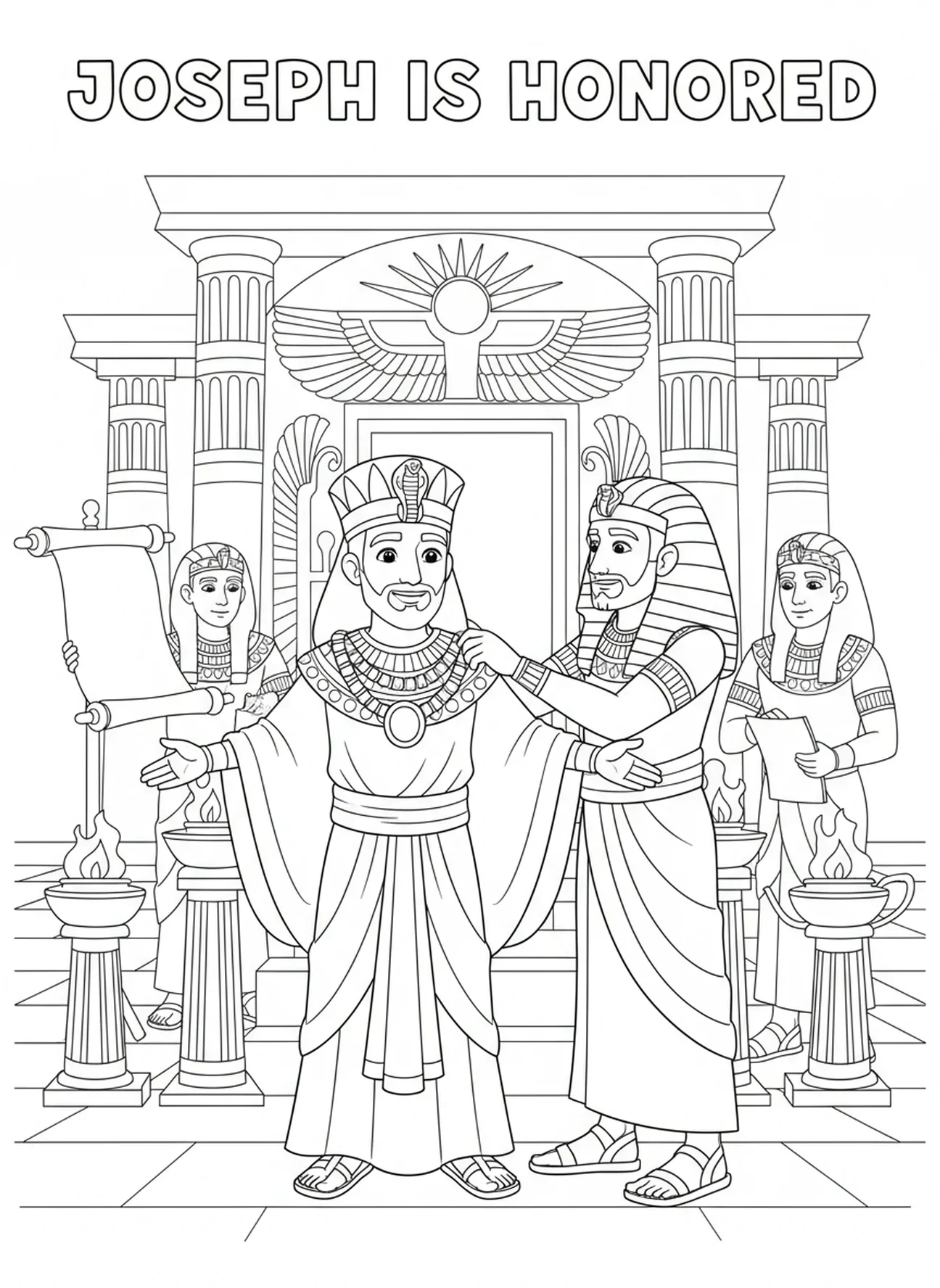 Joseph honoré par Pharaon, page à colorier Joseph et les rêves pour les enfants de l'École du dimanche âgés de 5 à 12 ans.