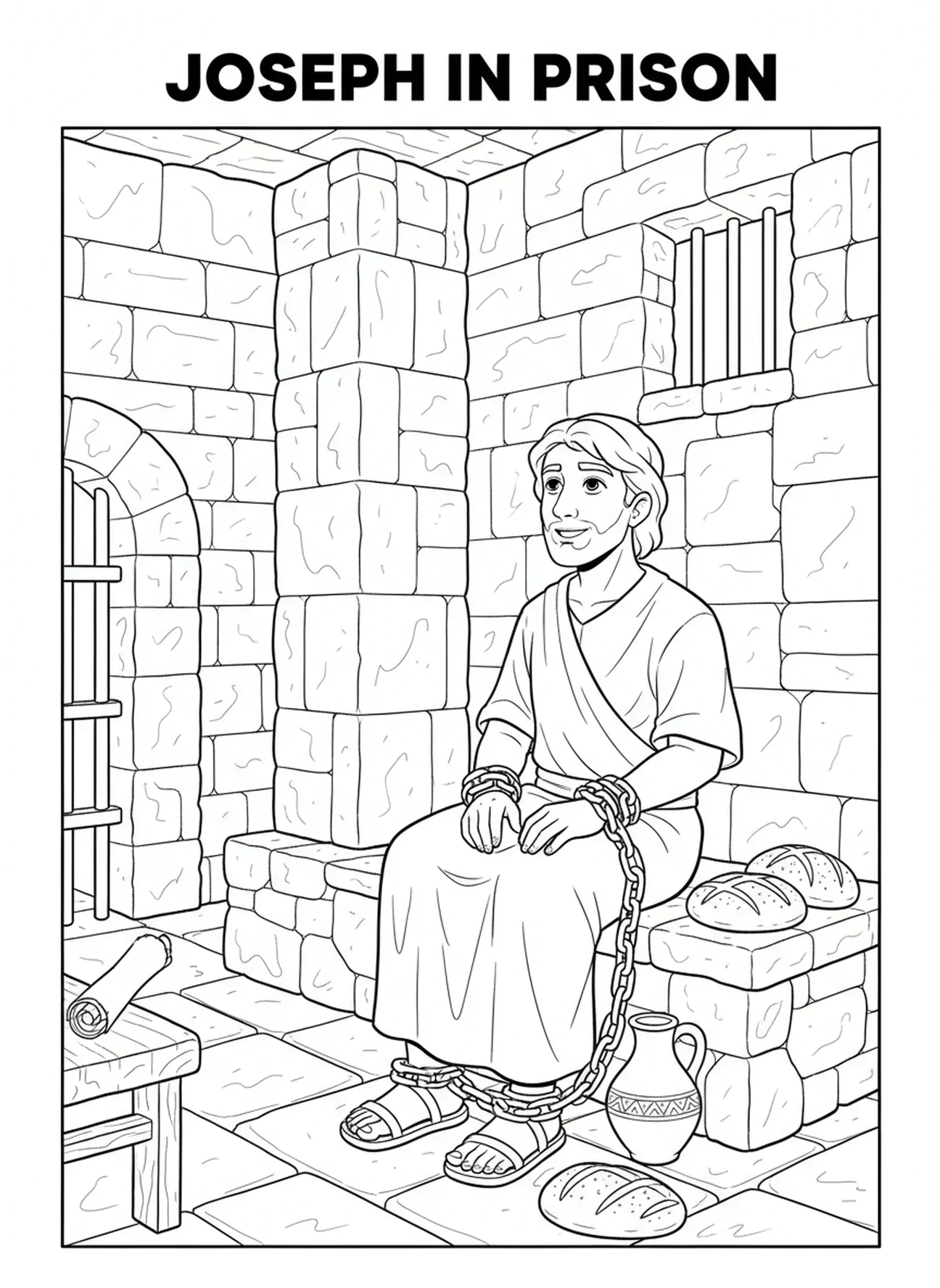 Joseph en prison, page à colorier sur les rêves de Joseph pour les enfants de l'École du dimanche âgés de 5 à 12 ans.