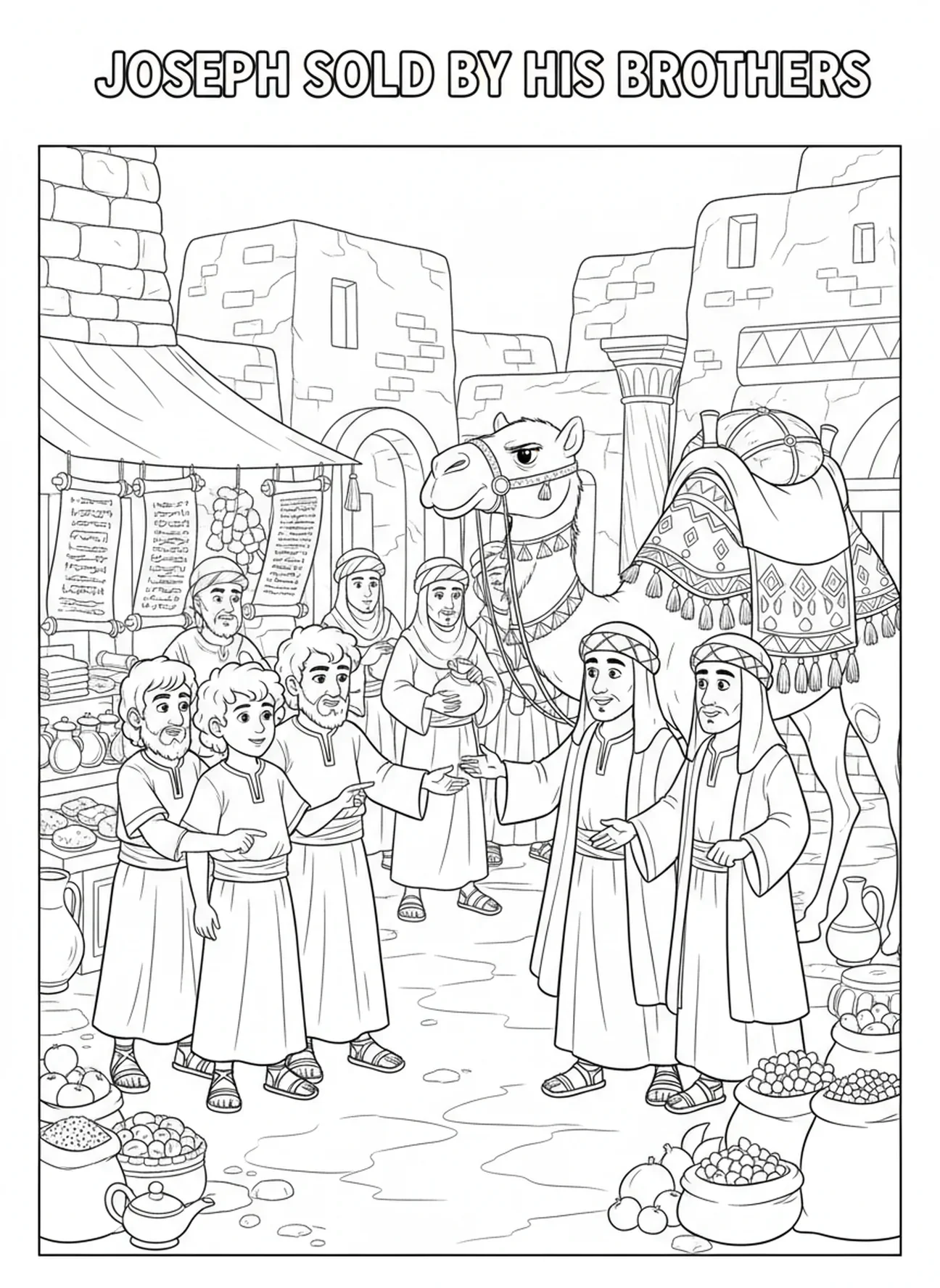 Joseph vendu aux marchands, page à colorier sur les rêves de Joseph pour les enfants de l'École du dimanche âgés de 5 à 12 ans.
