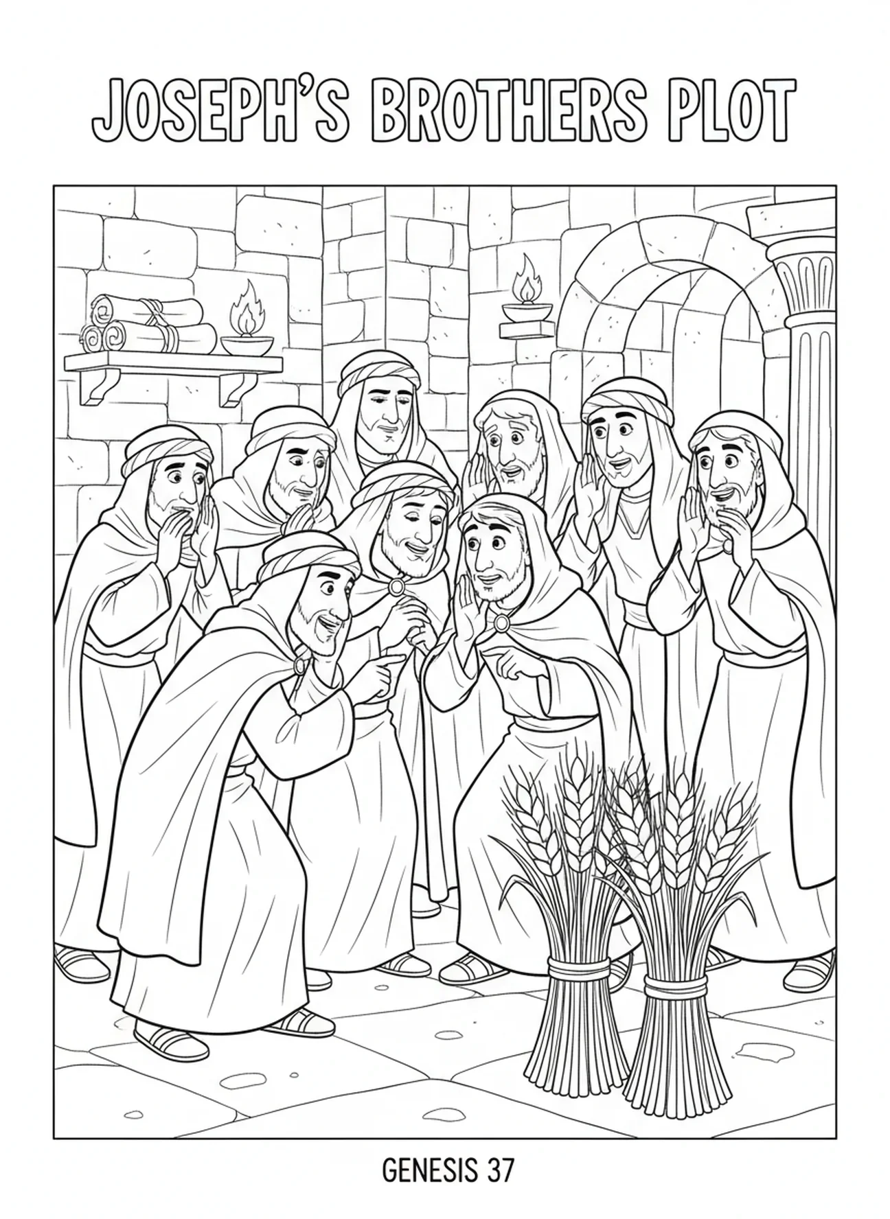 Les frères de Joseph complotent, page à colorier sur les rêves de Joseph pour les enfants de l'École du dimanche âgés de 5 à 12 ans.