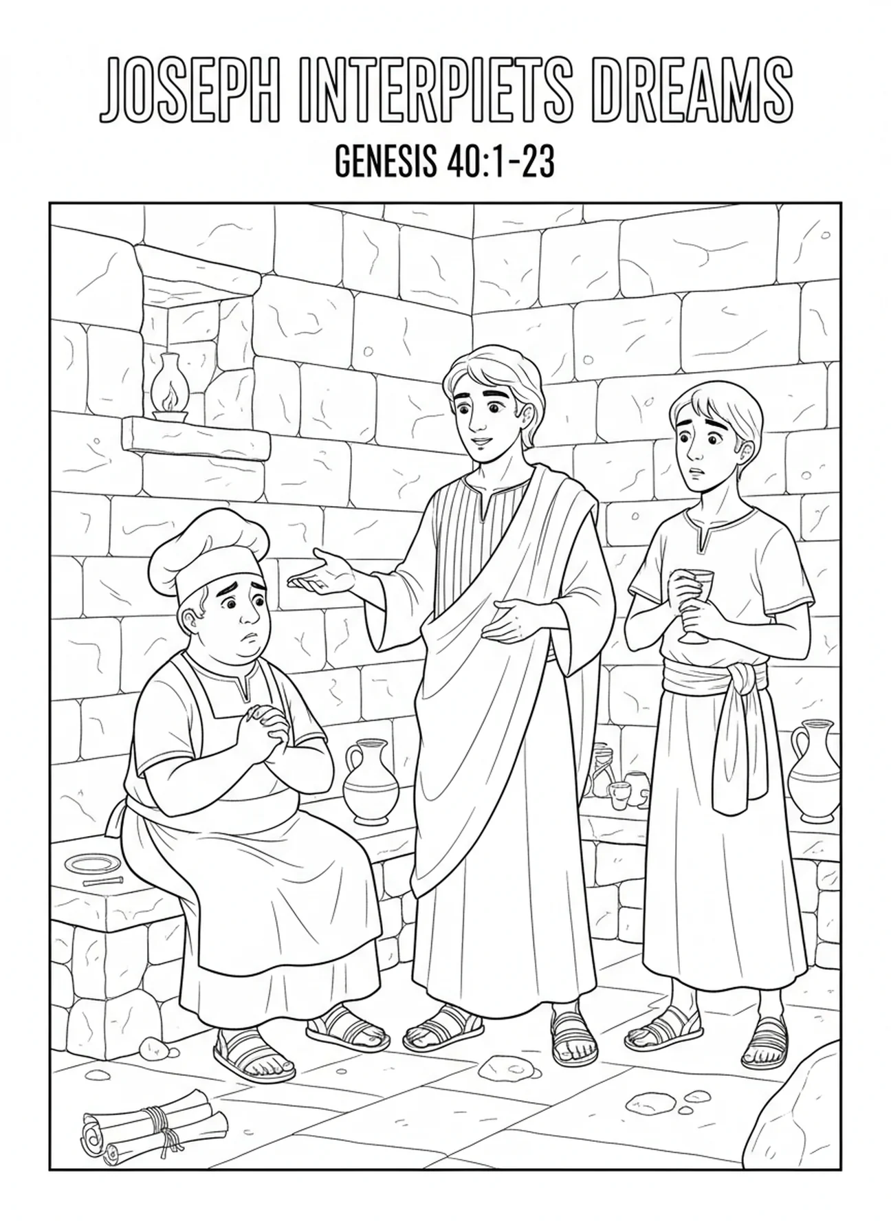 Bakker en schenker luisteren, Jozef in de gevangenis van Egypte kleurplaat voor Zondagsschoolkinderen van 5-12 jaar.