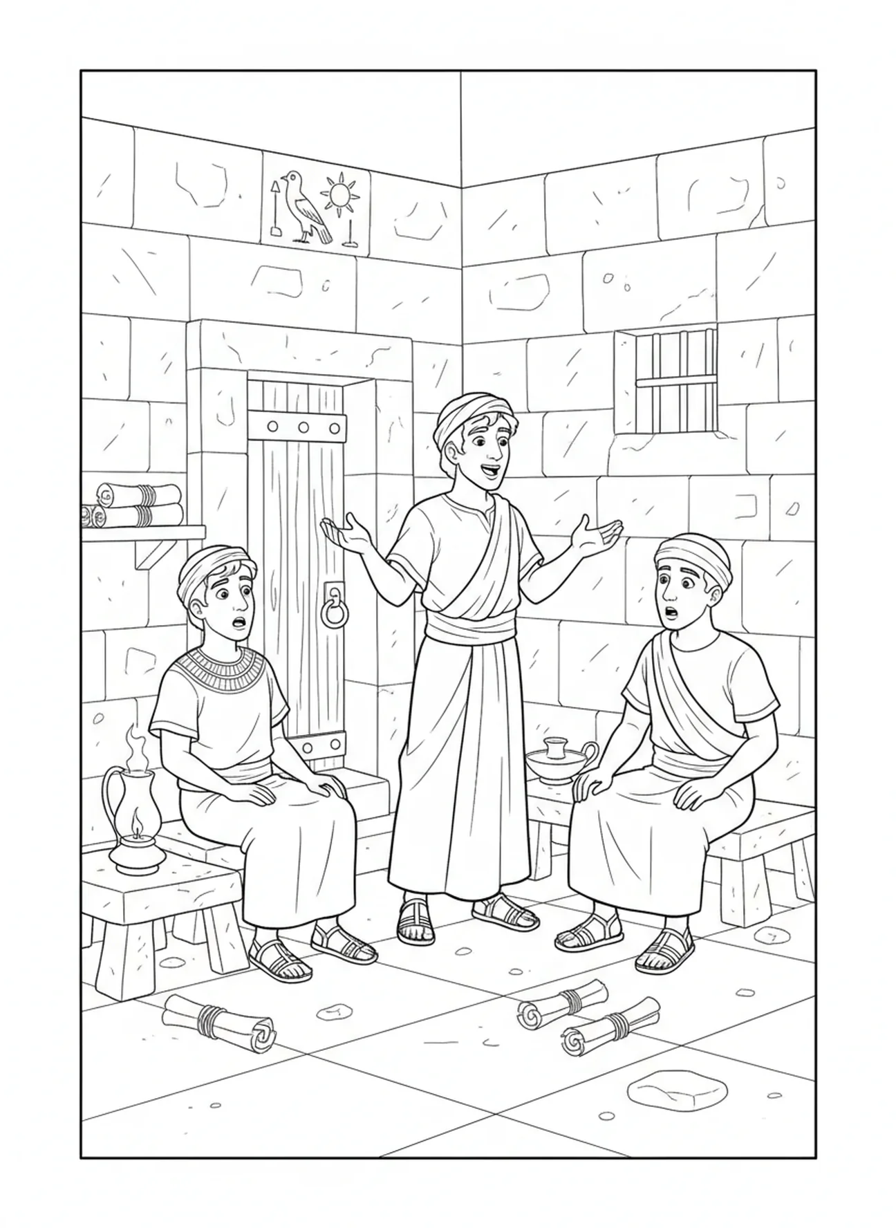 Jozef die dromen interpreteert, Jozef in de gevangenis van Egypte kleurplaat voor Zondagsschoolkinderen van 5-12 jaar.