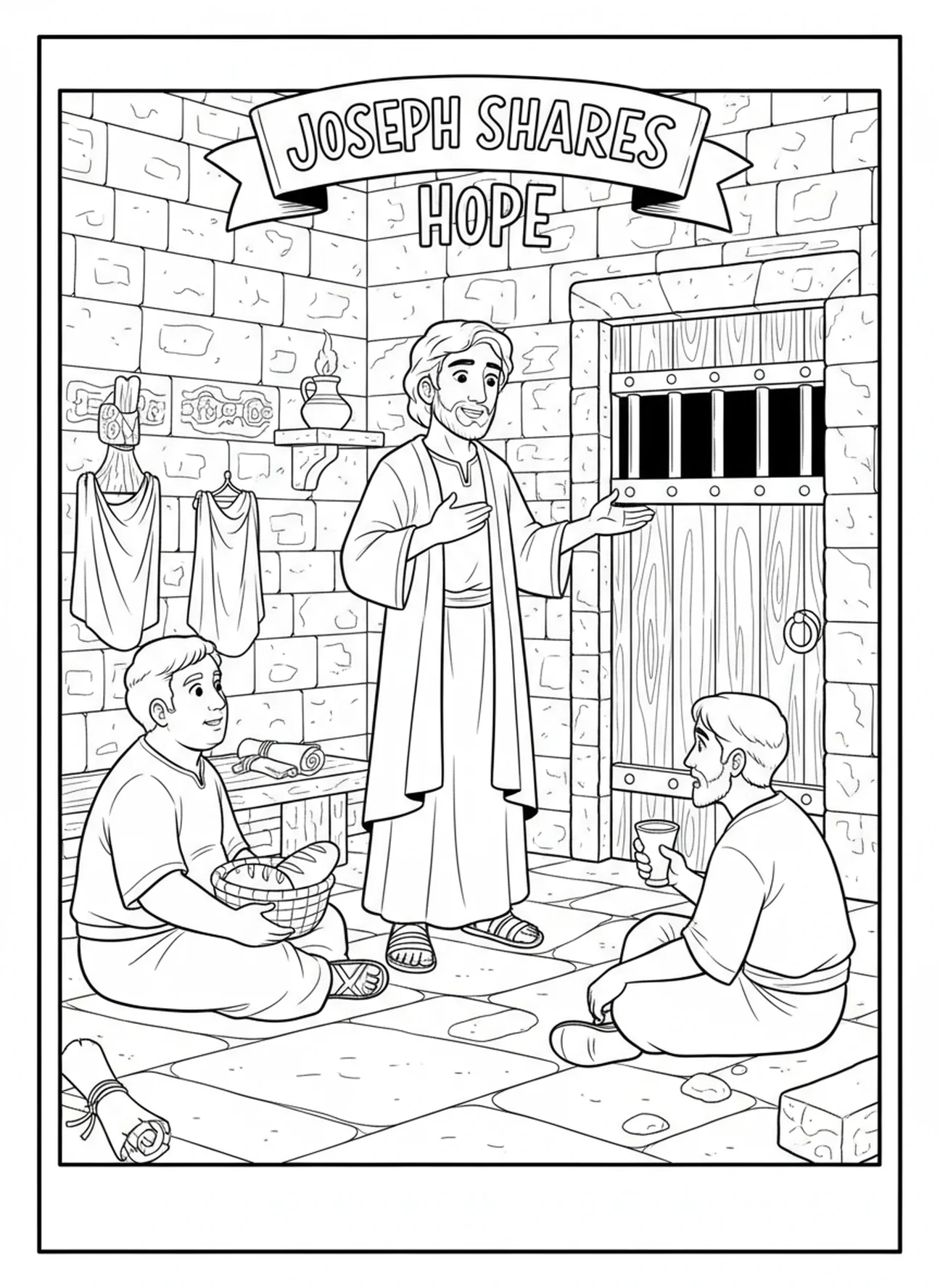 Jozef doet een belofte, Jozef in de gevangenis van Egypte kleurplaat voor Zondagsschoolkinderen van 5-12 jaar.
