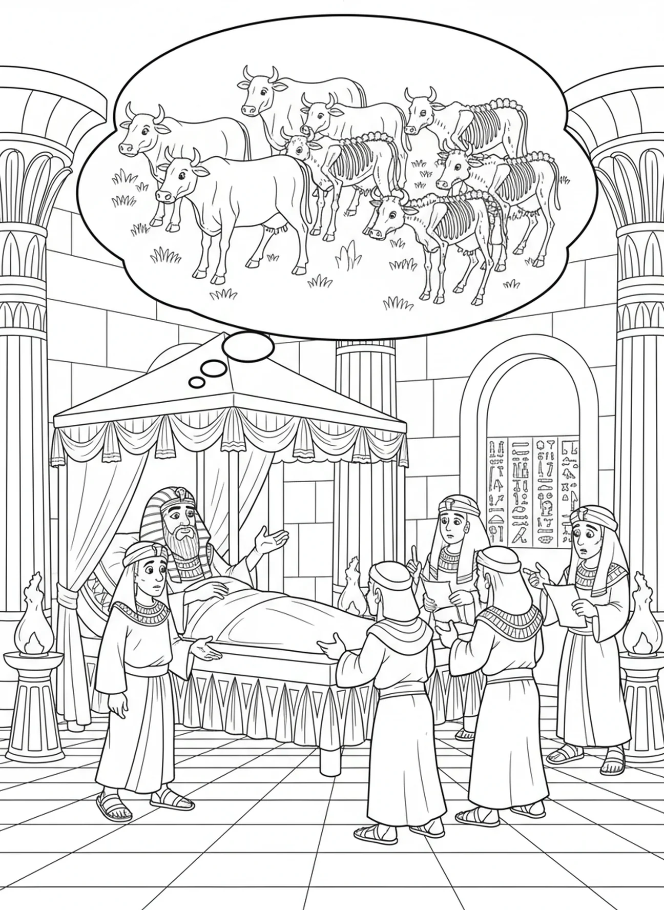 Farao droomt, Jozef in de gevangenis van Egypte kleurplaat voor Zondagsschool kinderen van 5-12 jaar.