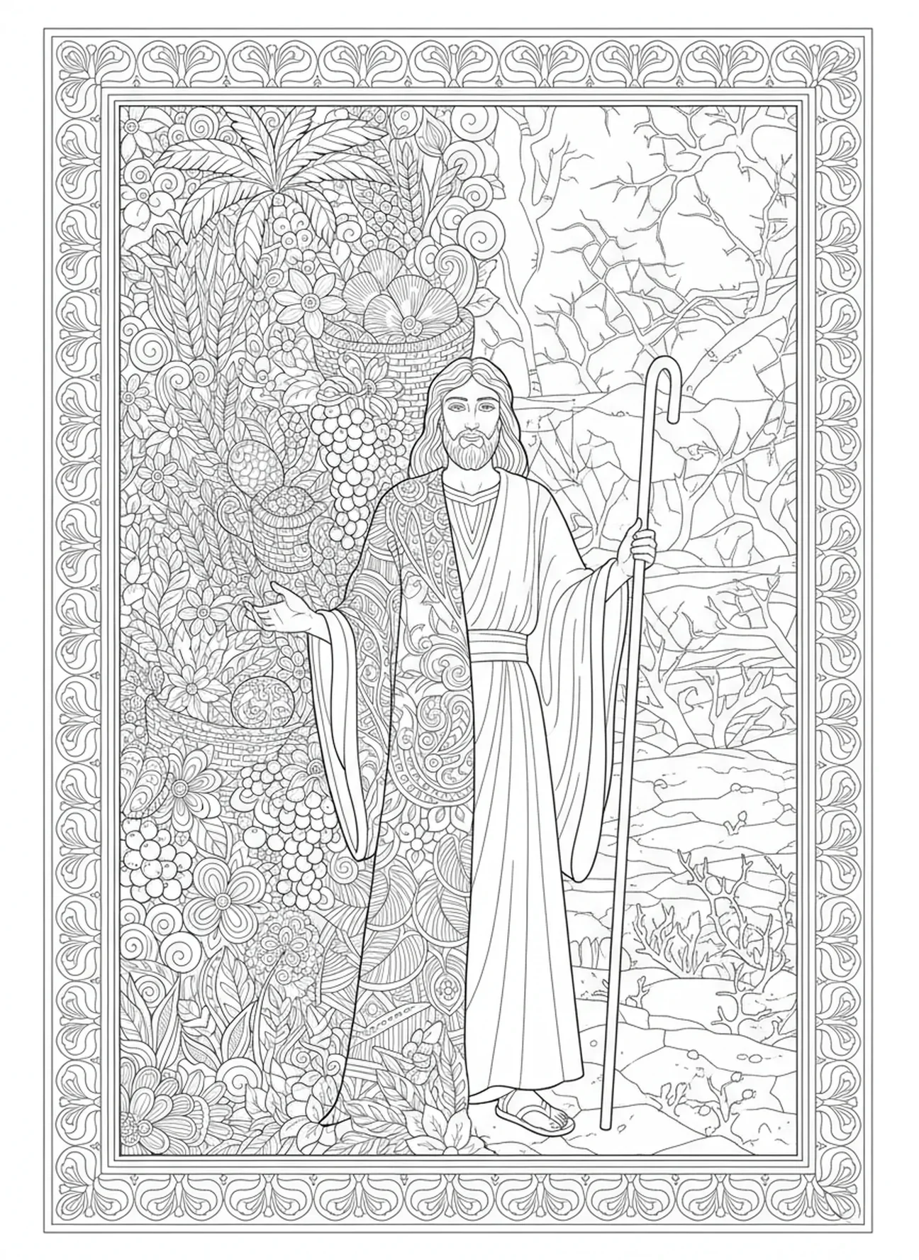 Contraste entre la famine et l'abondance, page à colorier de Joseph interprétant le rêve de Pharaon dans un style de journal biblique pour adultes