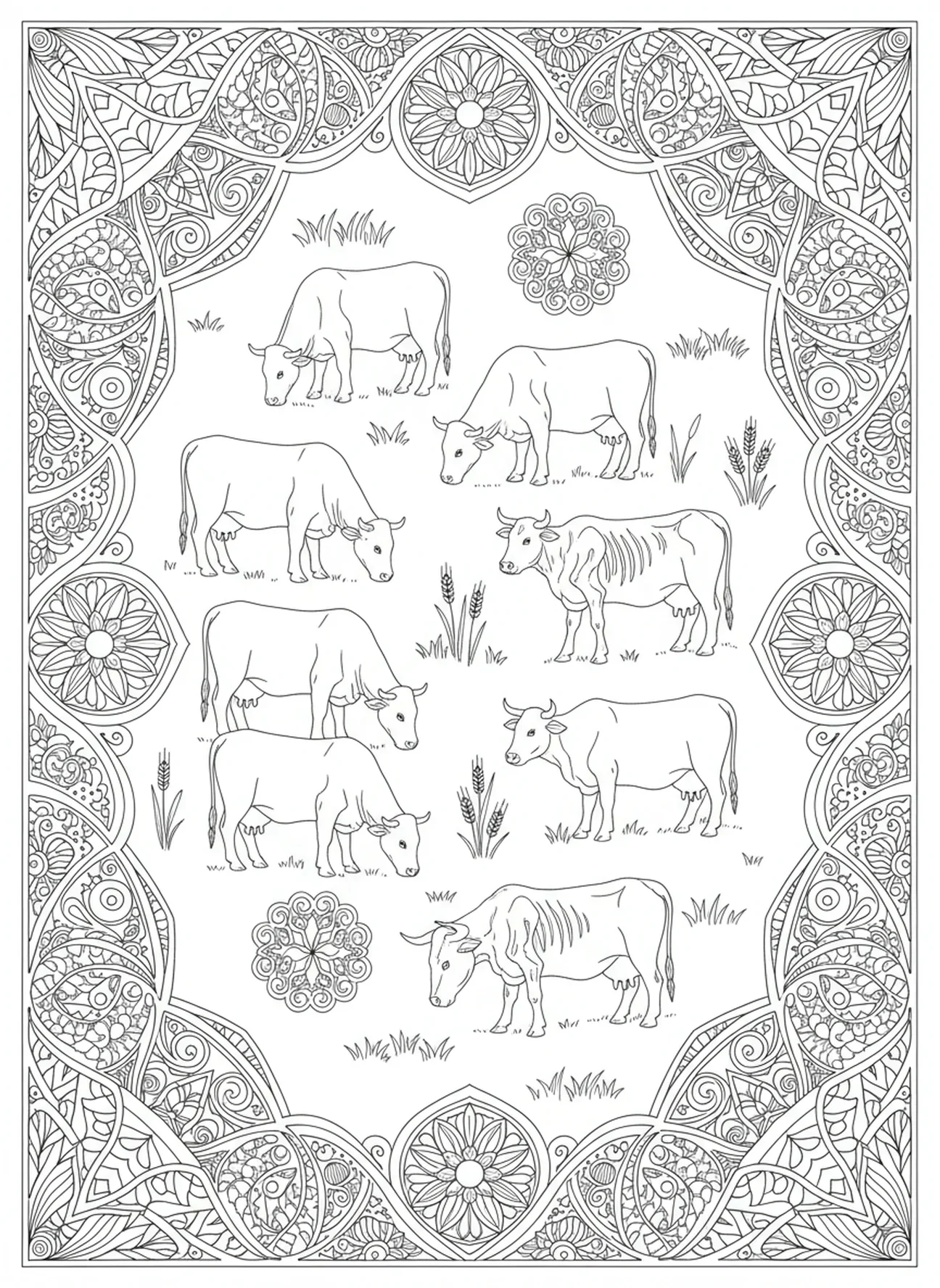 Sept vaches grasses et maigres, page à colorier Joseph interprétant le rêve de Pharaon dans un style de journal biblique pour adultes