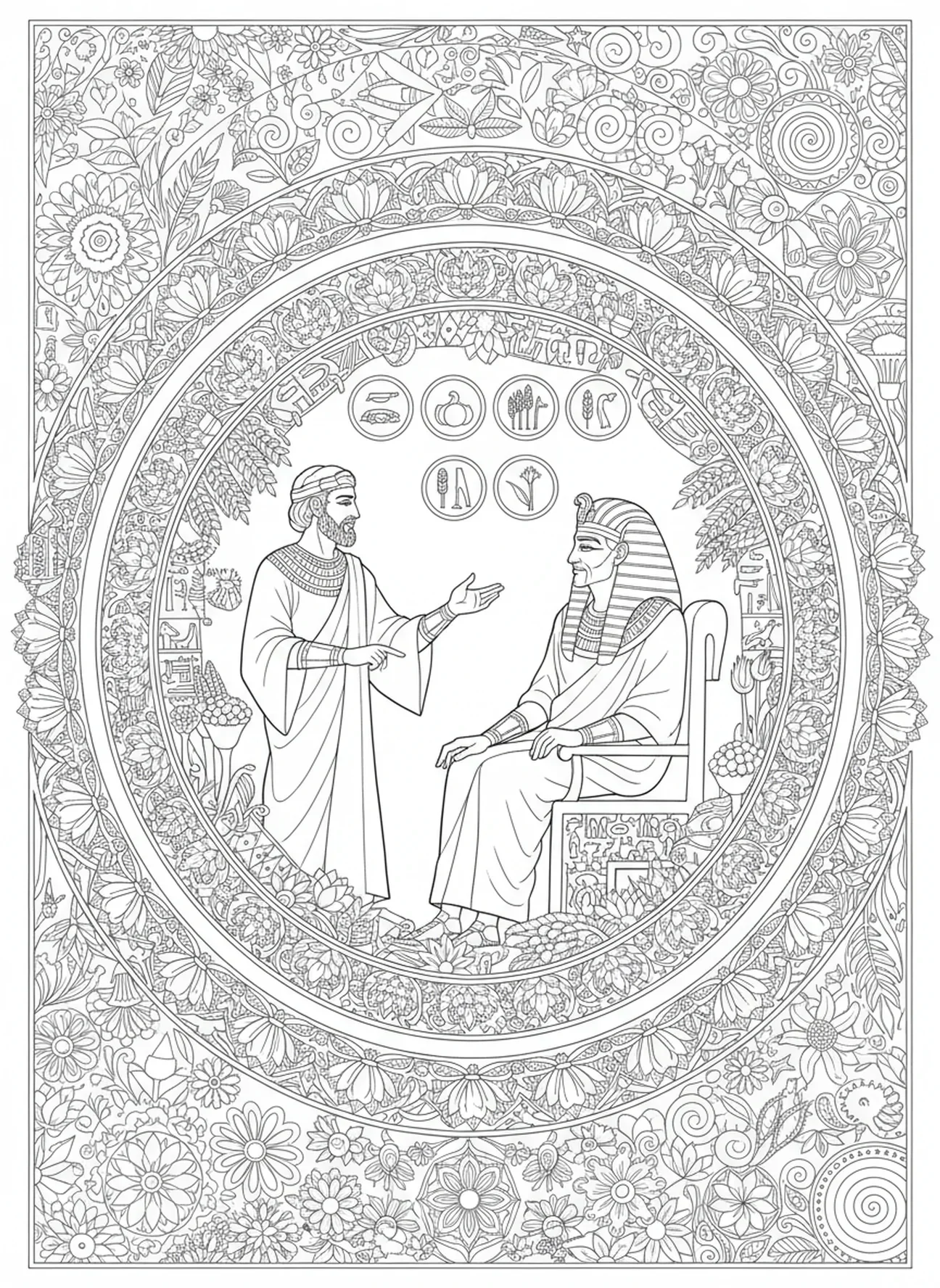 Joseph expliquant le rêve à Pharaon, page à colorier Joseph interprétant le rêve de Pharaon pour le journal biblique style adulte
