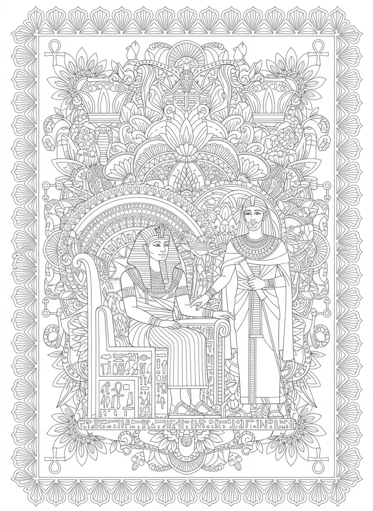Pharaon sur son trône, Joseph interprétant le rêve de Pharaon page à colorier pour adultes style Bible journaling