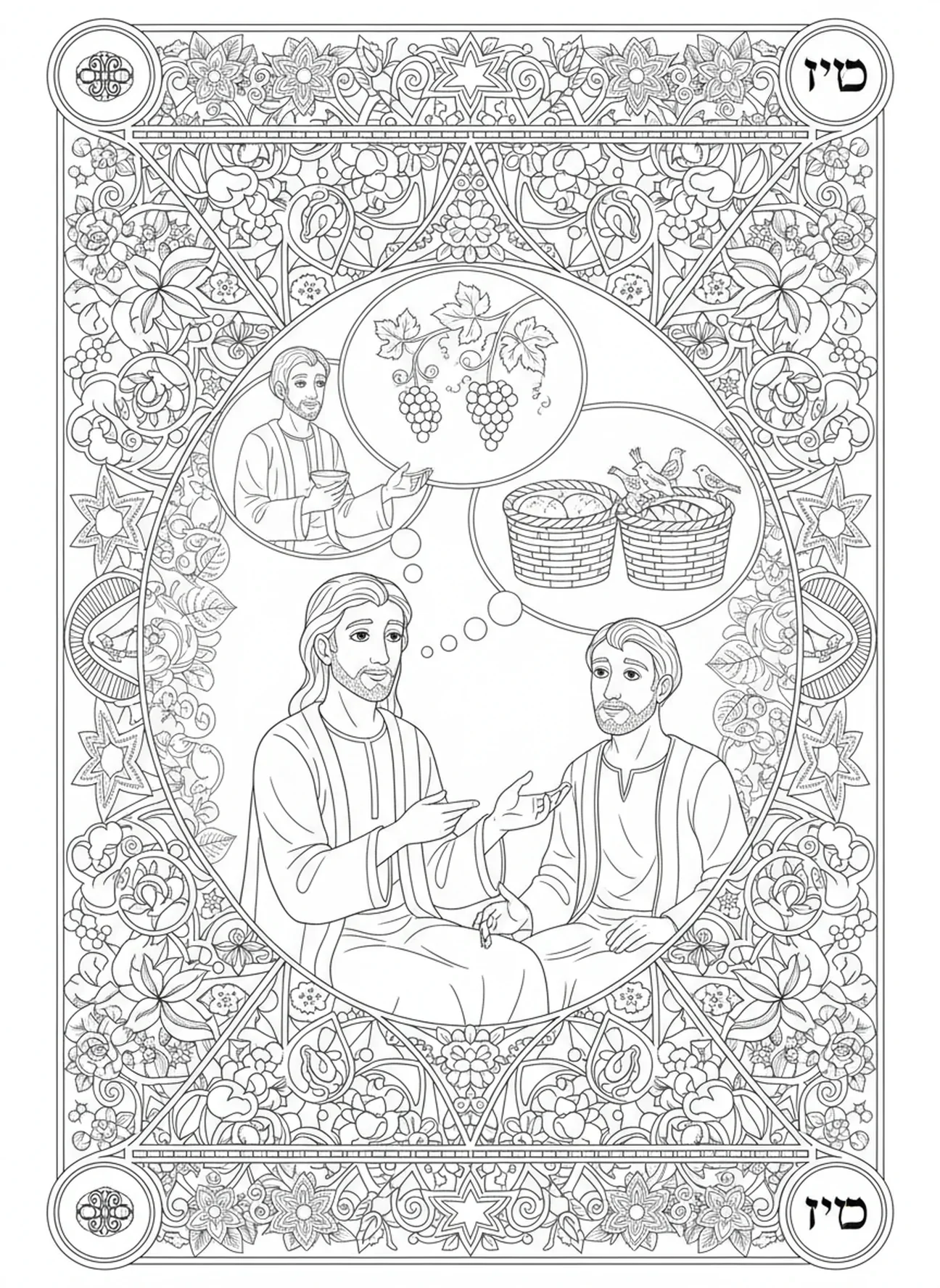 Josef deutet Träume, Josef vergibt Malvorlage für Erwachsene im Bibel-Journaling-Stil.