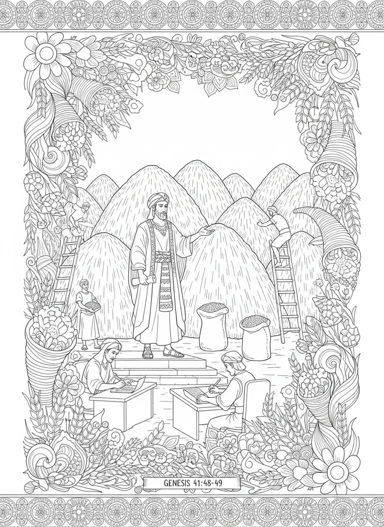 Joseph überwacht die Getreidelagerung, Joseph vergibt Ausmalbild für Erwachsene im Stil des Bibel-Journalings.