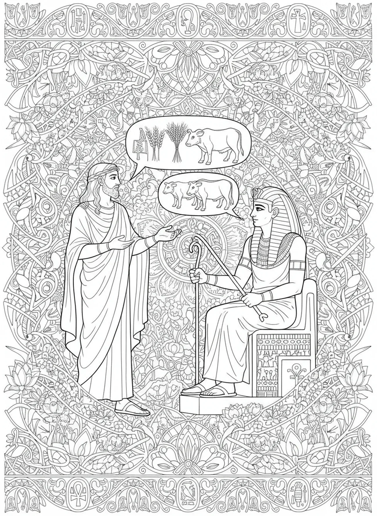 Josef vor dem Pharao, Josef vergibt Ausmalbild für Erwachsene im Stil des Bibel-Journalings.