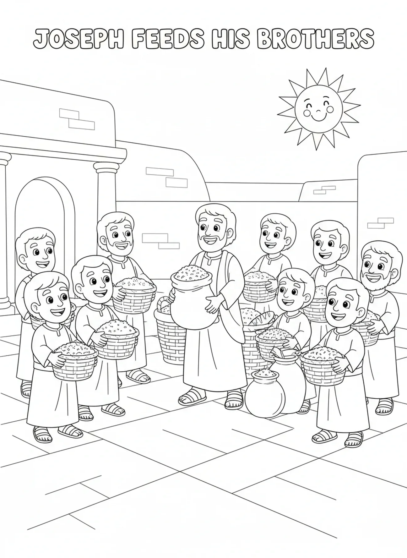 José dando comida a seus irmãos, página para colorir José Perdoa para crianças de 5 a 10 anos