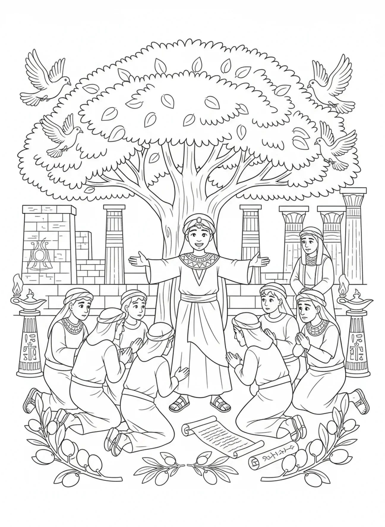 Joseph pardonnant ses frères, page à colorier Joseph pardonne pour les enfants de l'École du dimanche âgés de 5 à 12 ans.
