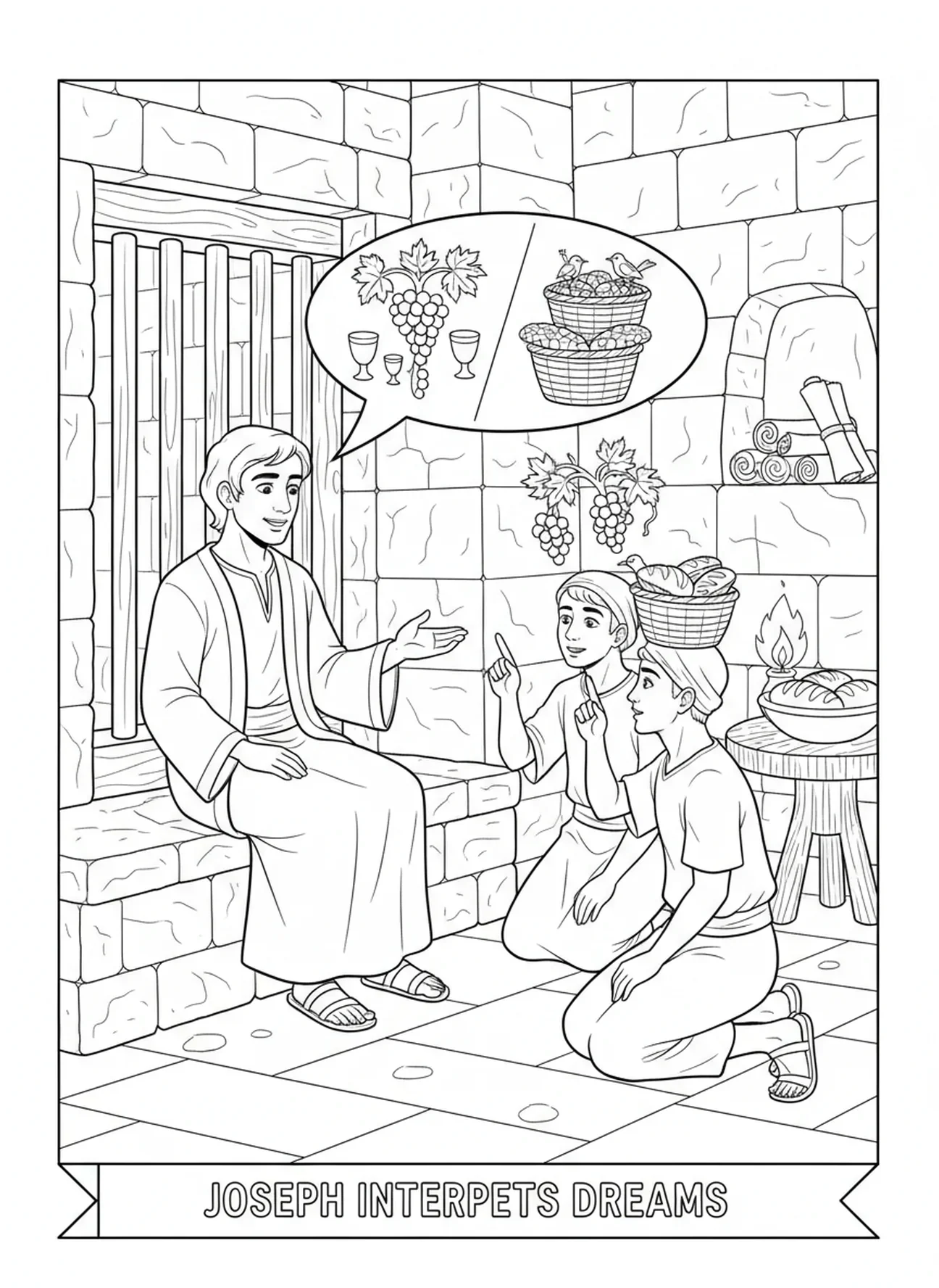 Joseph dans une cellule de prison, page à colorier Joseph Joseph Pardonne pour les enfants de l'École du dimanche âgés de 5 à 12 ans.