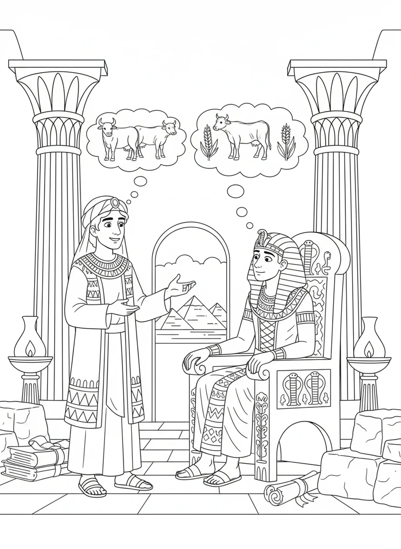 Joseph interprète les rêves pour Pharaon, page à colorier Joseph pardonne pour les enfants de l'École du dimanche âgés de 5 à 12 ans.