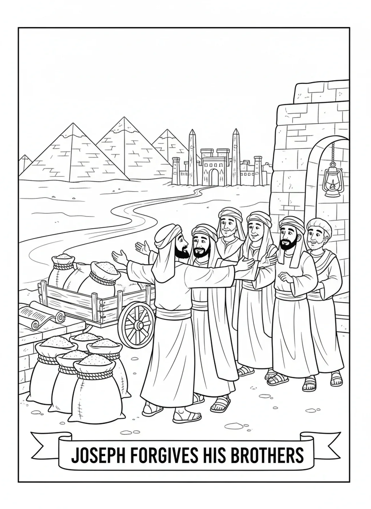 Joseph étreignant ses frères, page à colorier Joseph pardonne pour les enfants de l'École du dimanche âgés de 5 à 12 ans.