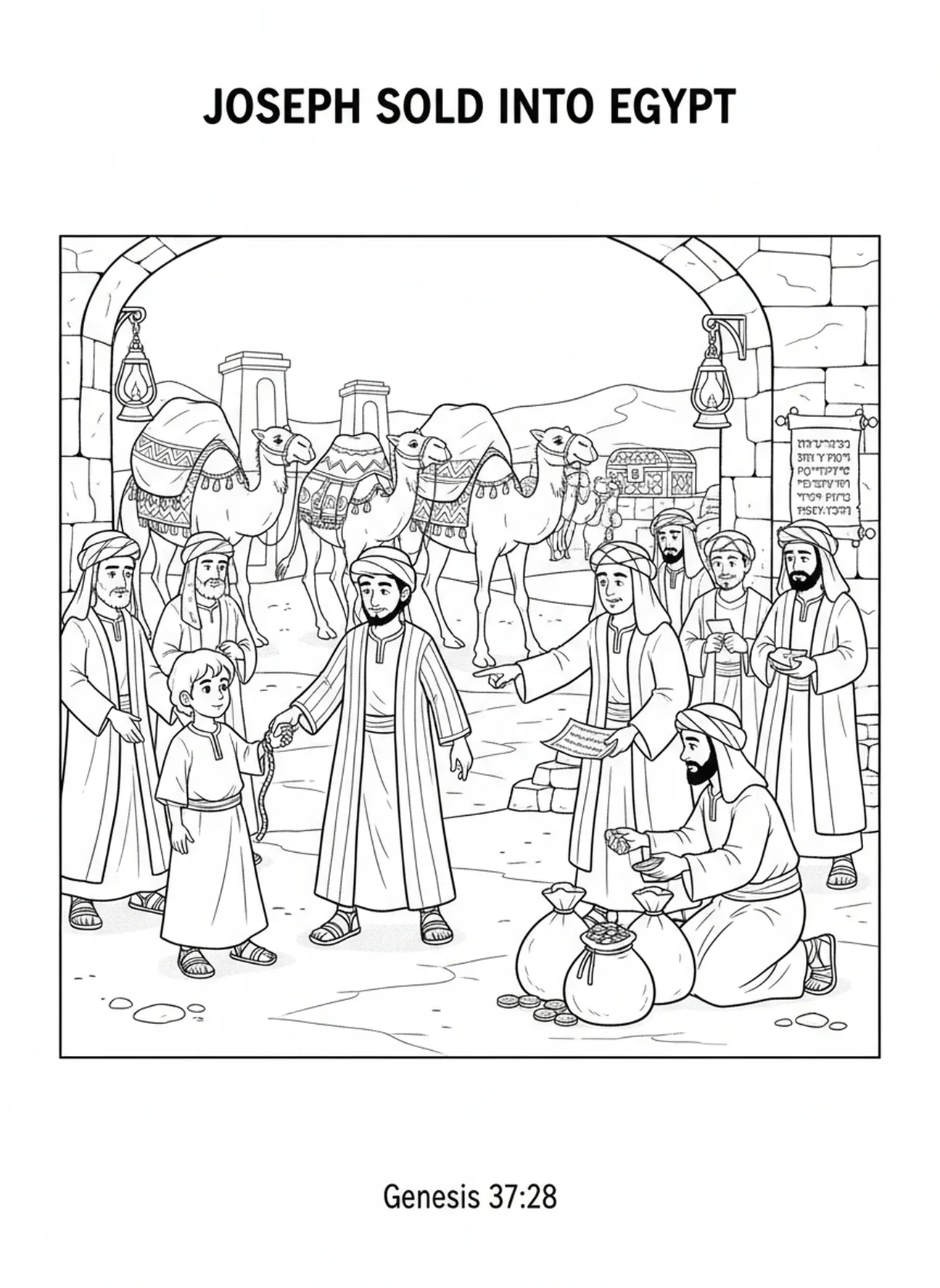 Les frères de Joseph le vendent, page à colorier Joseph pardonne pour l'École du dimanche, enfants de 5 à 12 ans.