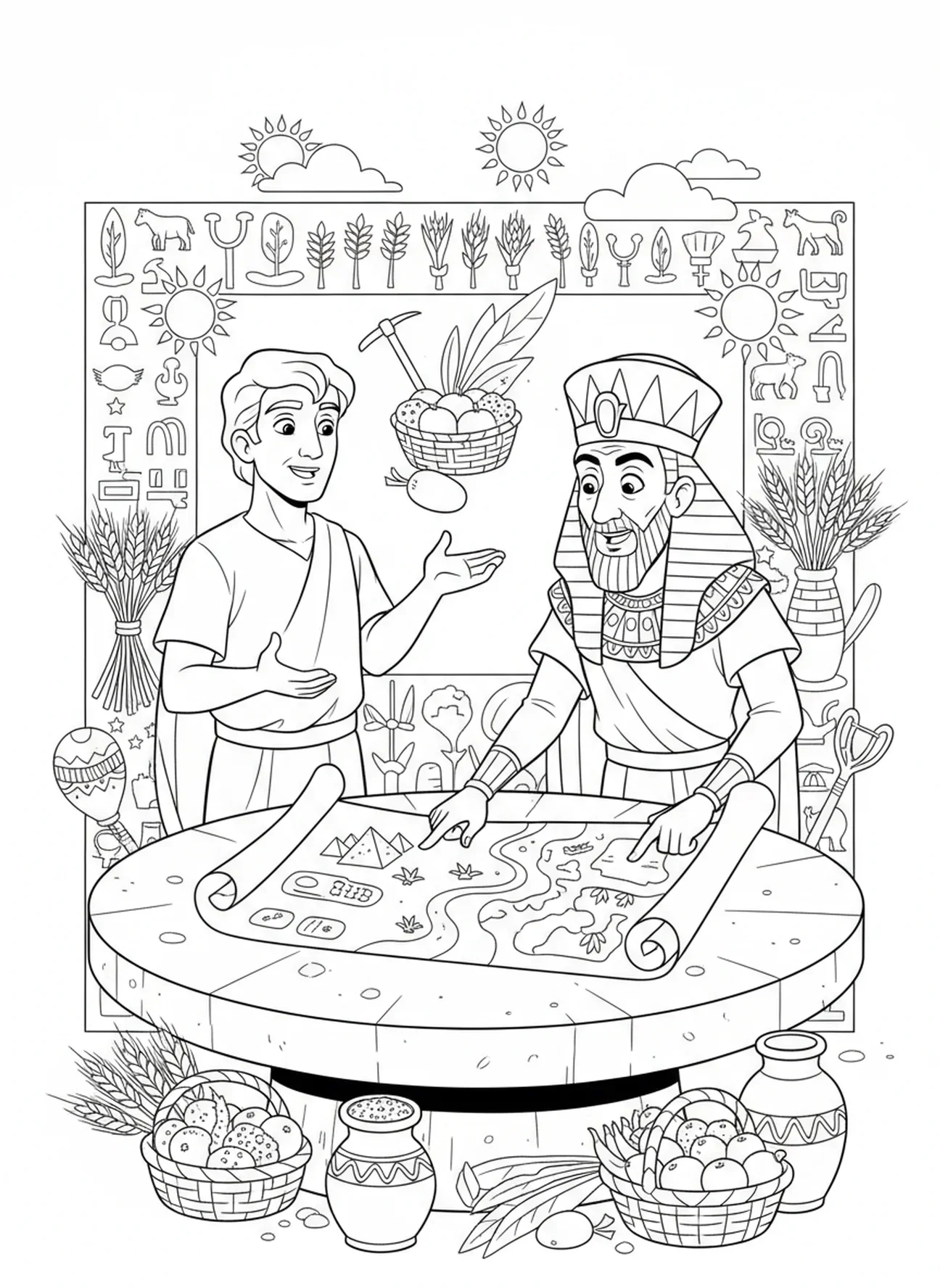 Josef und der Pharao besprechen Pläne, Ausmalbild von Josef und dem Pharao für Kinder im Alter von 5-10 Jahren