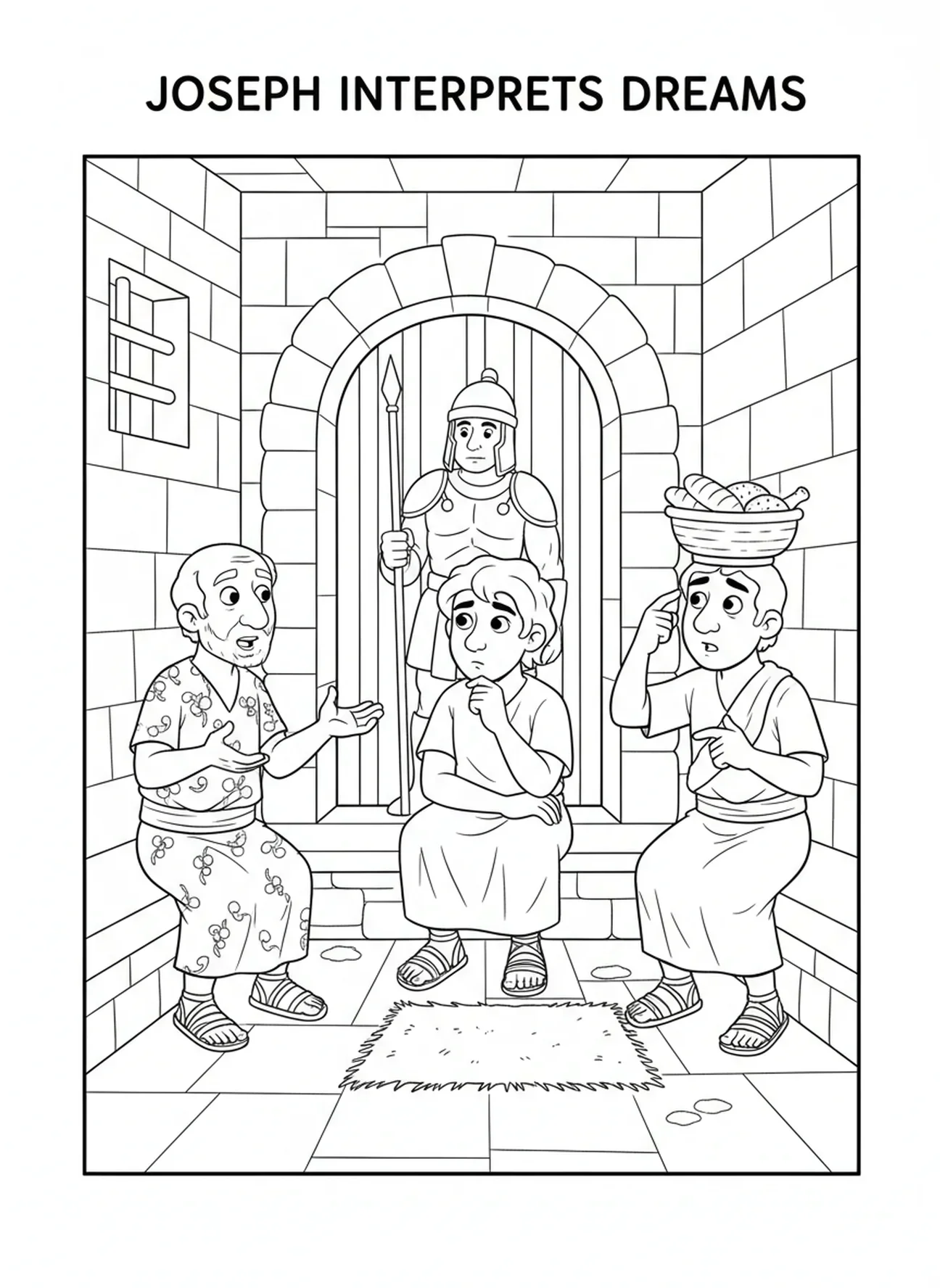 Josef sitzt im Gefängnis, Josef und der Pharao Malvorlage für Kinder im Alter von 5-10 Jahren