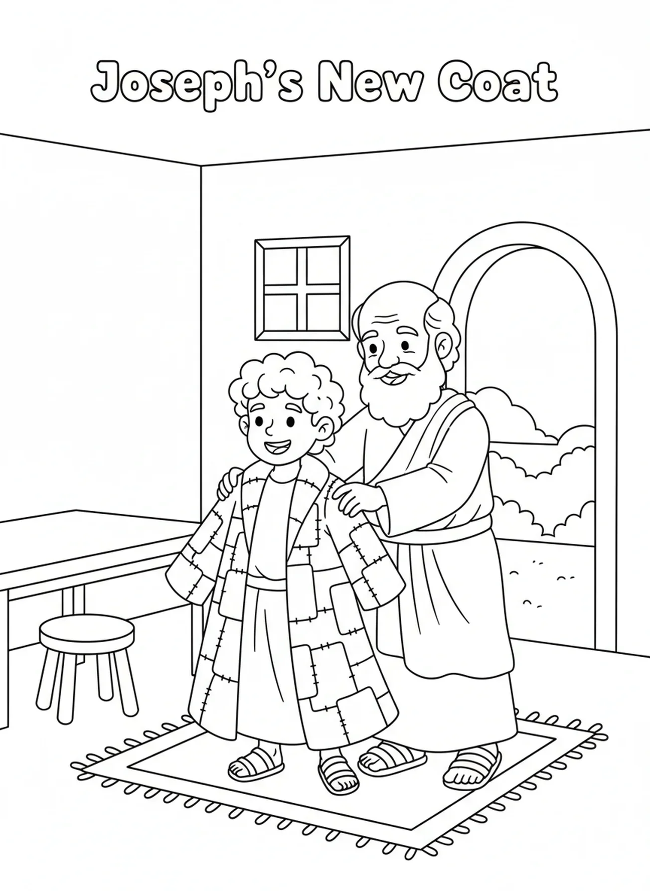 Josef erhält einen Mantel, Ausmalbild von Josef und Pharao für Kinder im Alter von 5-10 Jahren