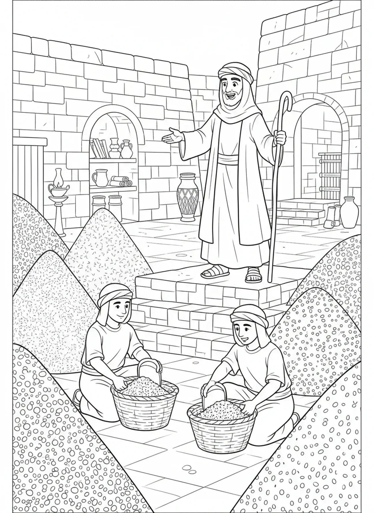 Josef überwacht die Getreidelagerung, Ausmalbild von Josef und Pharao für Kinder in der Sonntagsschule im Alter von 5-12 Jahren.