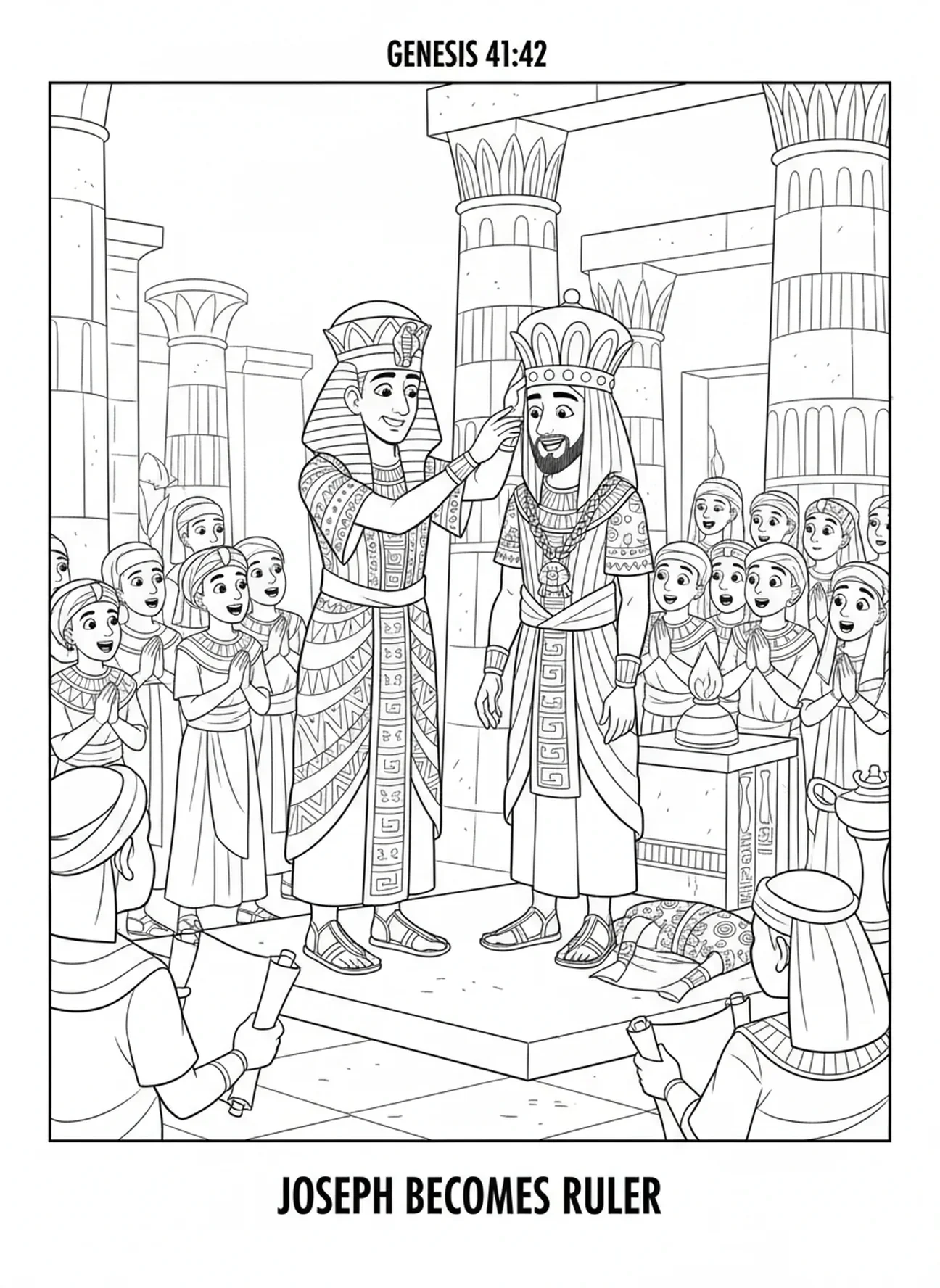 Joseph wird von Pharao gekrönt, Ausmalbild für die Sonntagsschule für Kinder im Alter von 5-12 Jahren.