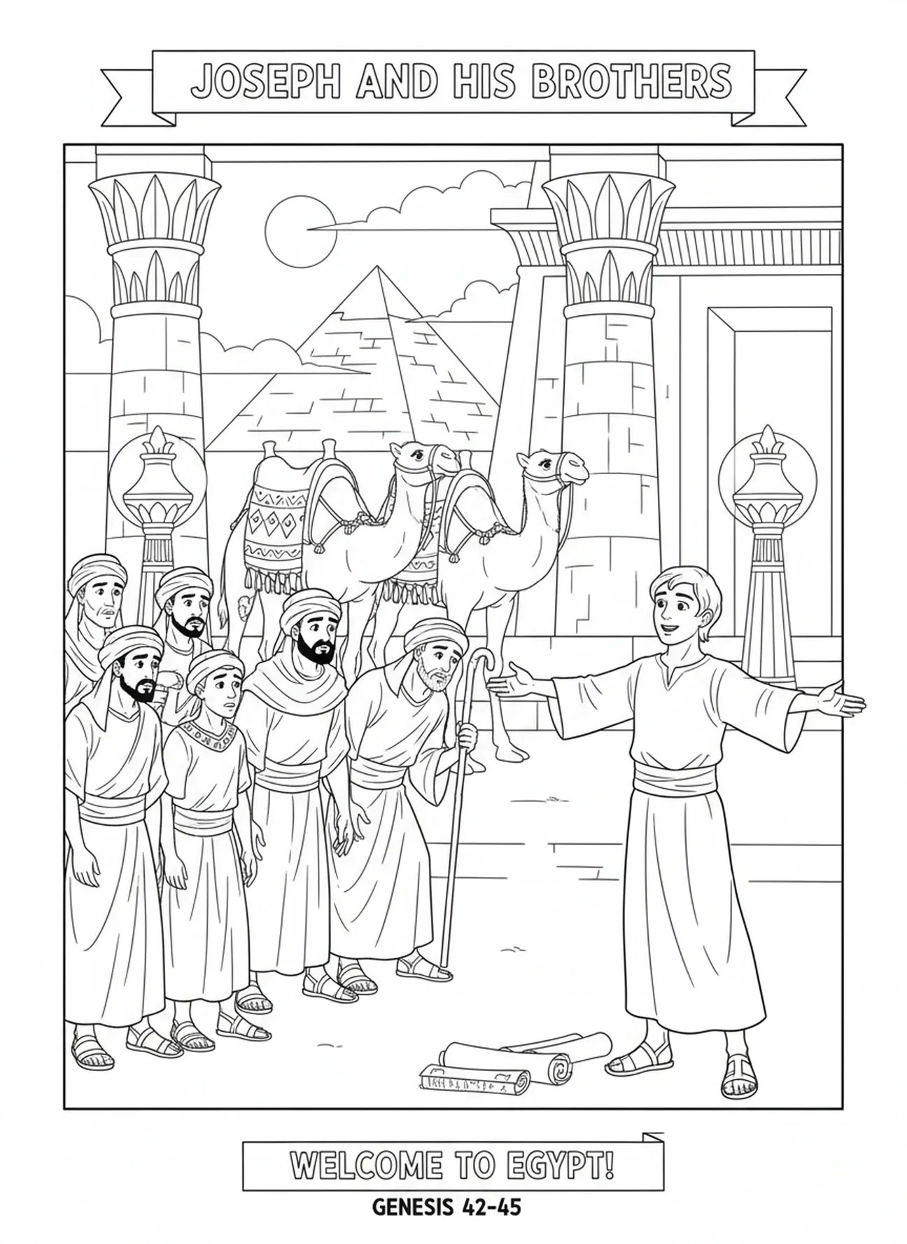 Die Brüder von Joseph kommen an, Joseph und der Pharao Malvorlage für Sonntagsschulkinder im Alter von 5-12 Jahren.