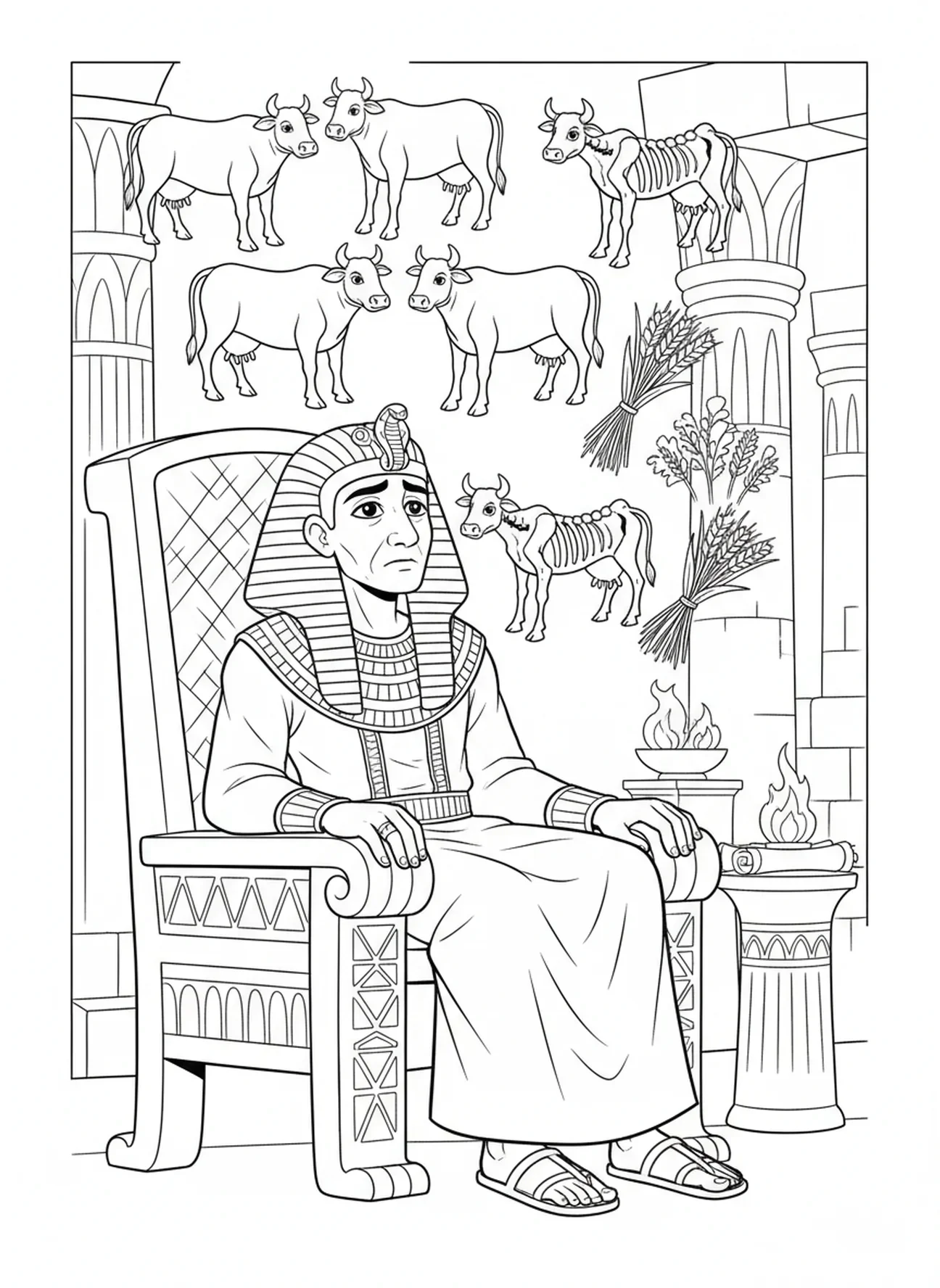 Pharao auf dem Thron, Josef Pharao Ausmalbild für die Sonntagsschule Kinder im Alter von 5-12 Jahren.