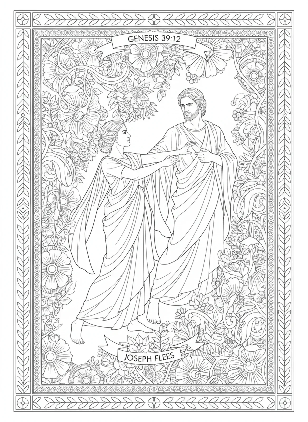 José e a esposa de Potifar, página para colorir sobre José na casa de Potifar, estilo de journaling bíblico para adultos.