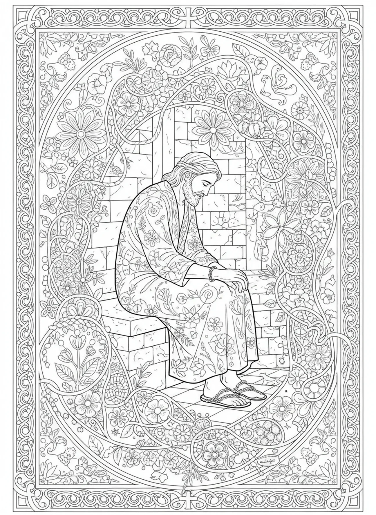 José preso, página para colorir sobre José na casa de Potifar, estilo de journaling bíblico para adultos.