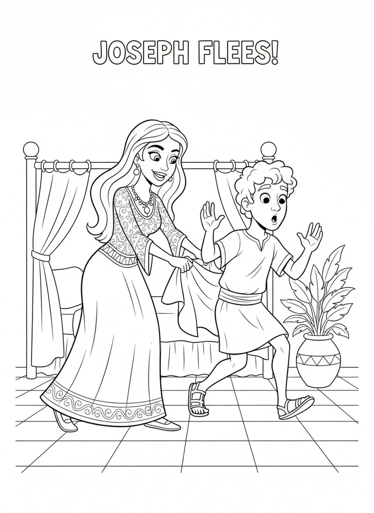 Potiphars Frau, die nach Joseph greift, Ausmalbild von Joseph im Haus Potiphars für Kinder im Alter von 5-10 Jahren.